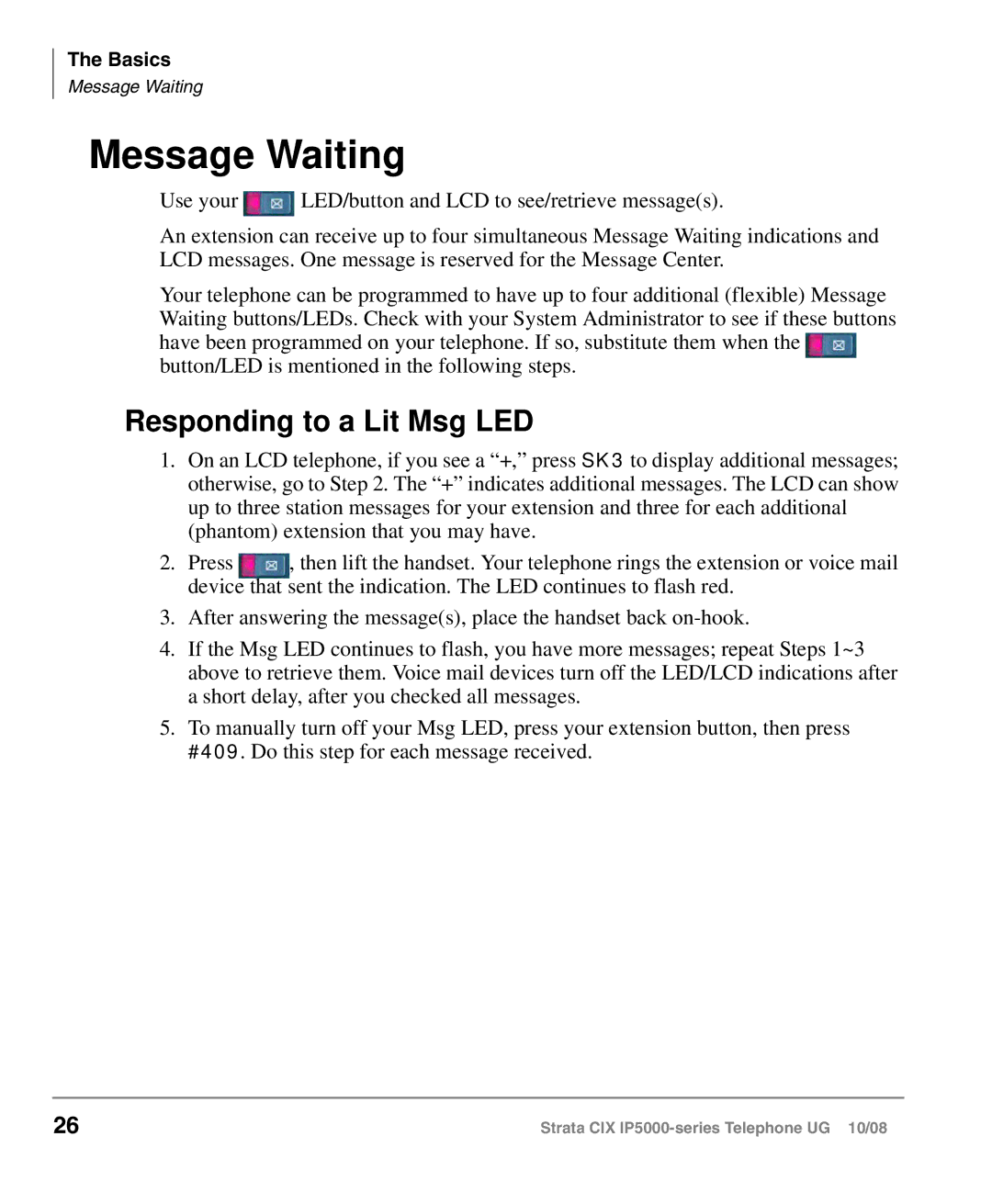 Toshiba IP5000 manual Message Waiting, Responding to a Lit Msg LED 