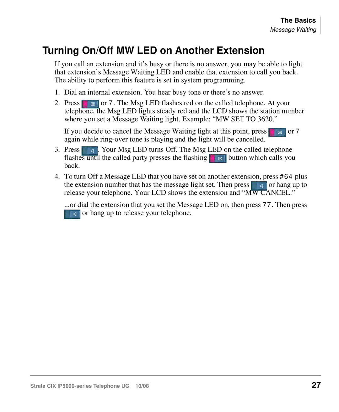 Toshiba IP5000 manual Turning On/Off MW LED on Another Extension 