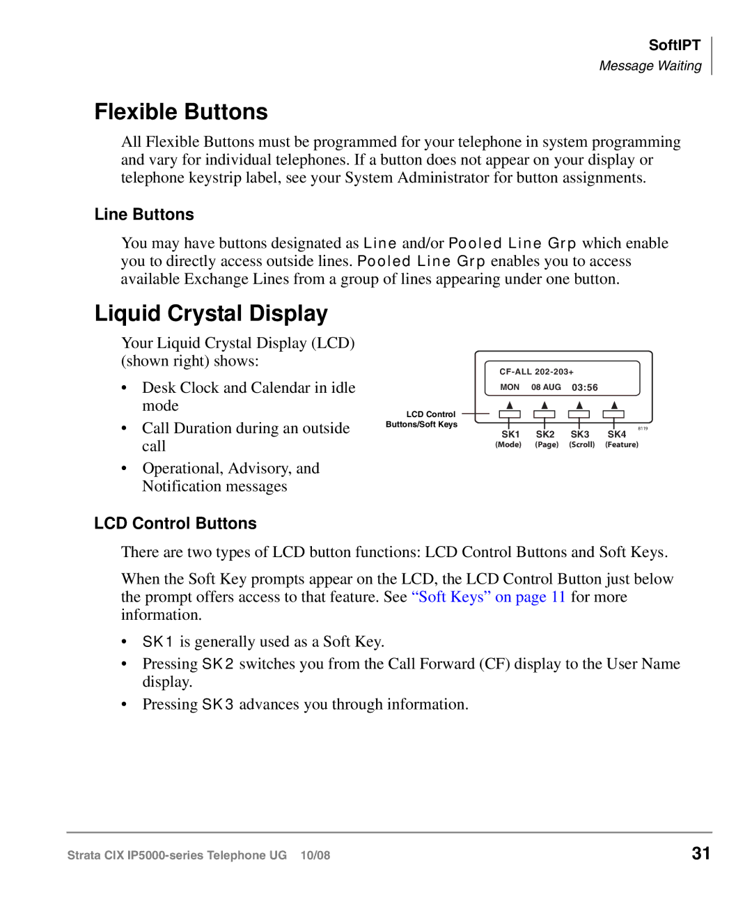 Toshiba IP5000 manual Flexible Buttons, Liquid Crystal Display, Line Buttons, LCD Control Buttons 