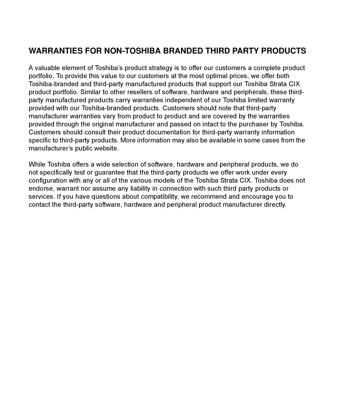 Toshiba IP5000 manual Warranties for NON-TOSHIBA Branded Third Party Products 