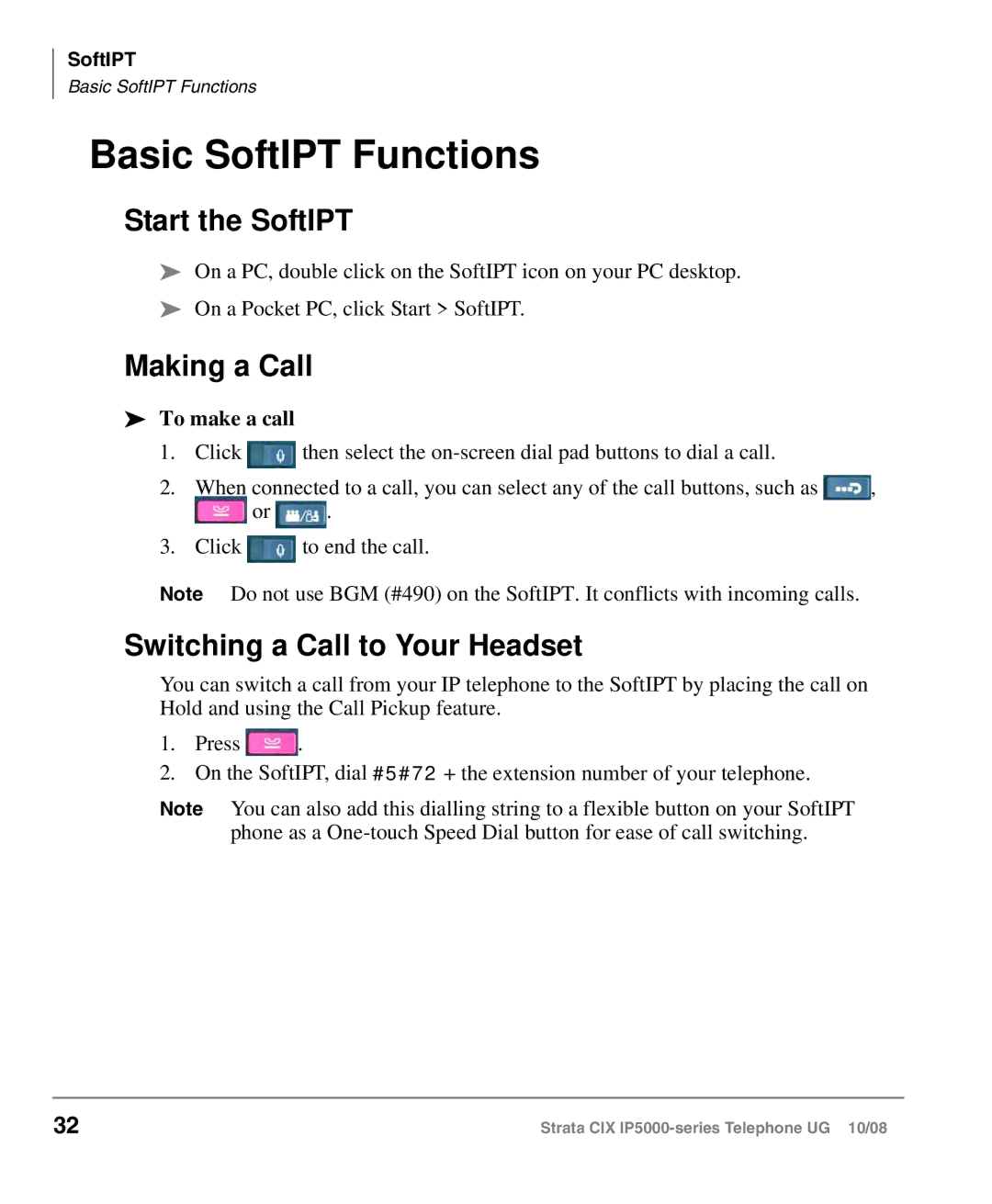 Toshiba IP5000 Basic SoftIPT Functions, Start the SoftIPT, Making a Call, Switching a Call to Your Headset, To make a call 