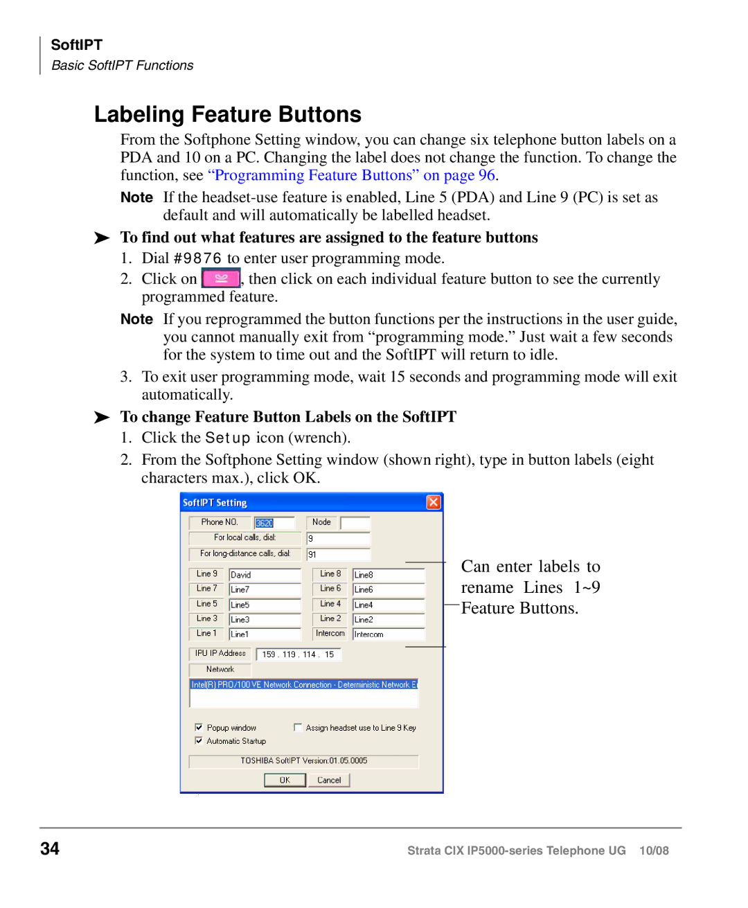 Toshiba IP5000 manual Labeling Feature Buttons, To change Feature Button Labels on the SoftIPT 