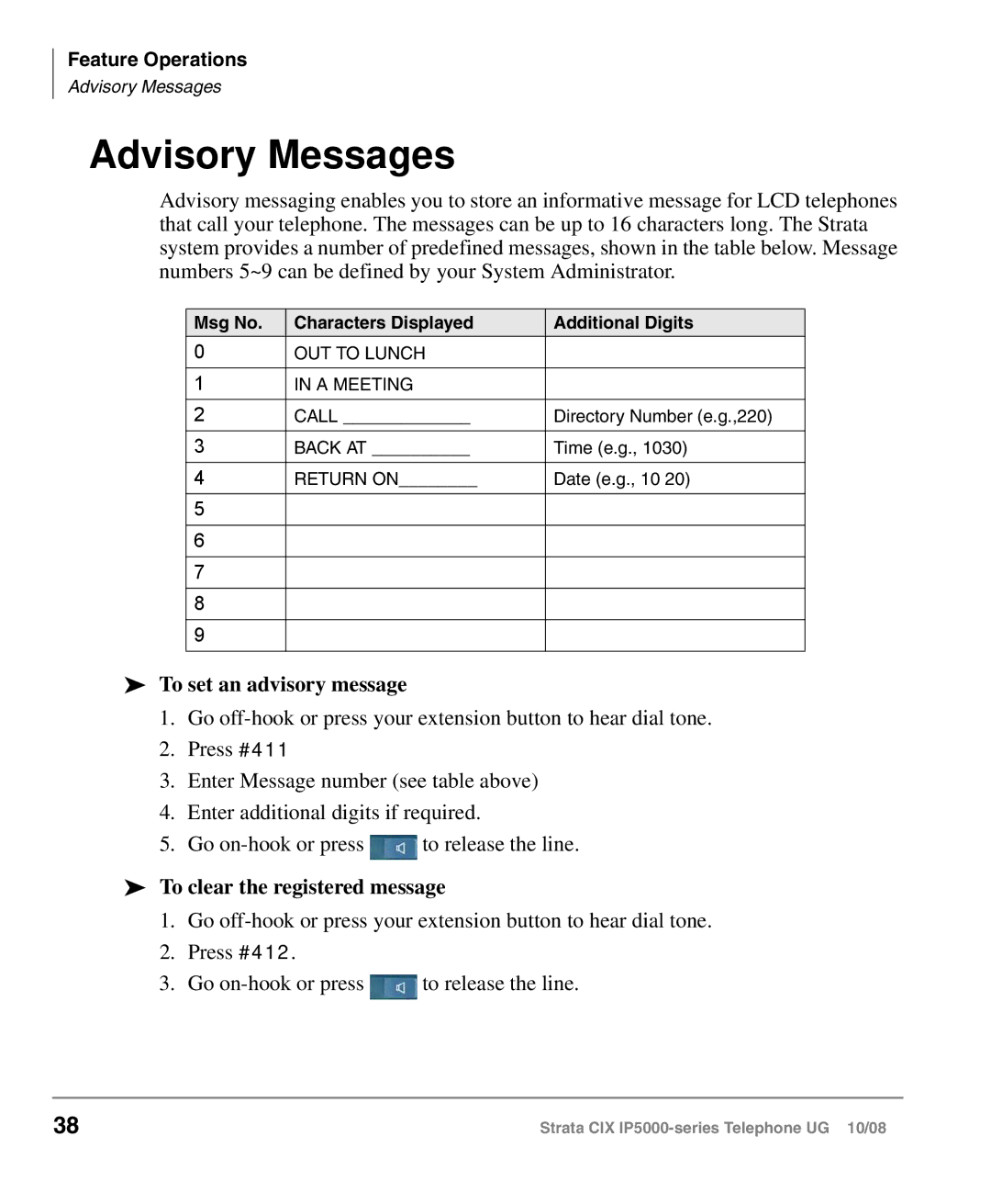 Toshiba IP5000 manual Advisory Messages, To set an advisory message, To clear the registered message 