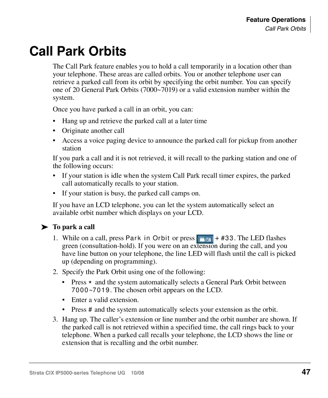 Toshiba IP5000 manual Call Park Orbits, To park a call 