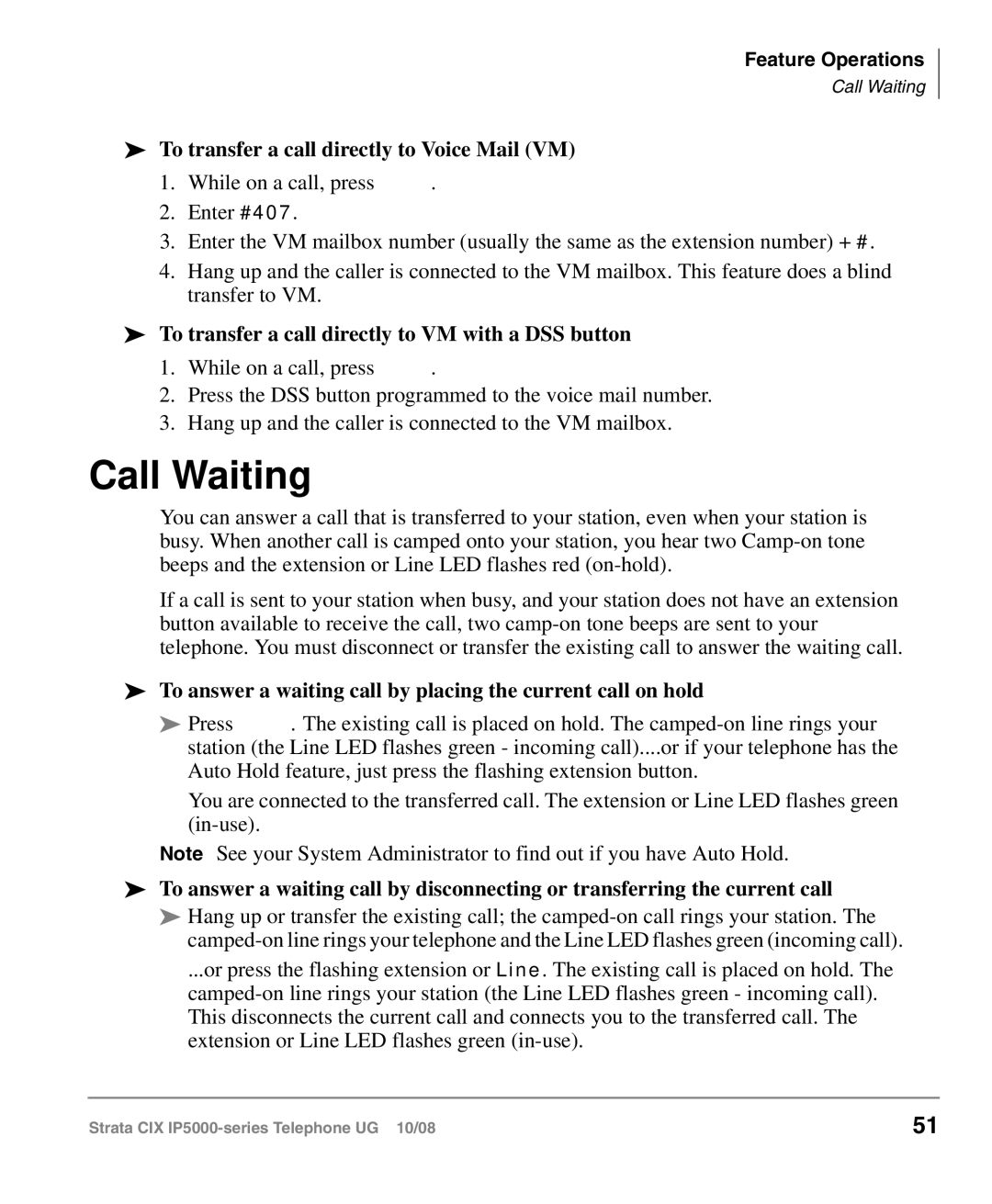 Toshiba IP5000 manual Call Waiting, To transfer a call directly to Voice Mail VM 