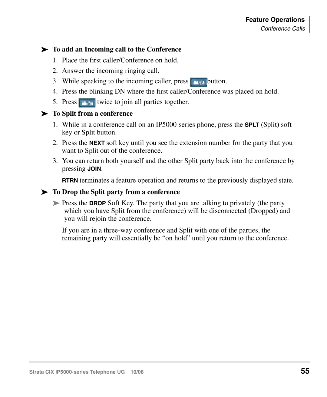 Toshiba IP5000 manual To add an Incoming call to the Conference, To Split from a conference 