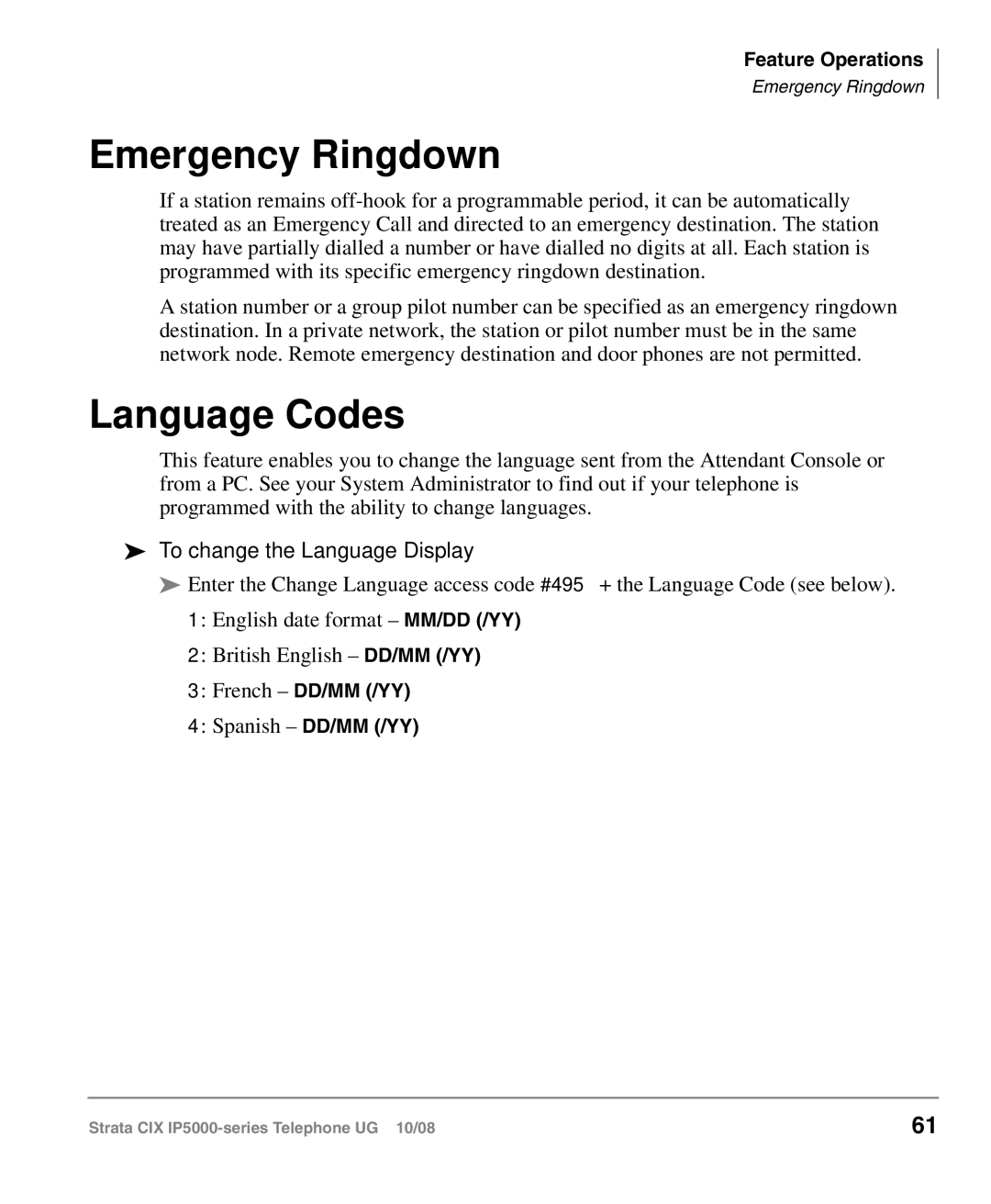 Toshiba IP5000 manual Emergency Ringdown, Language Codes, To change the Language Display 