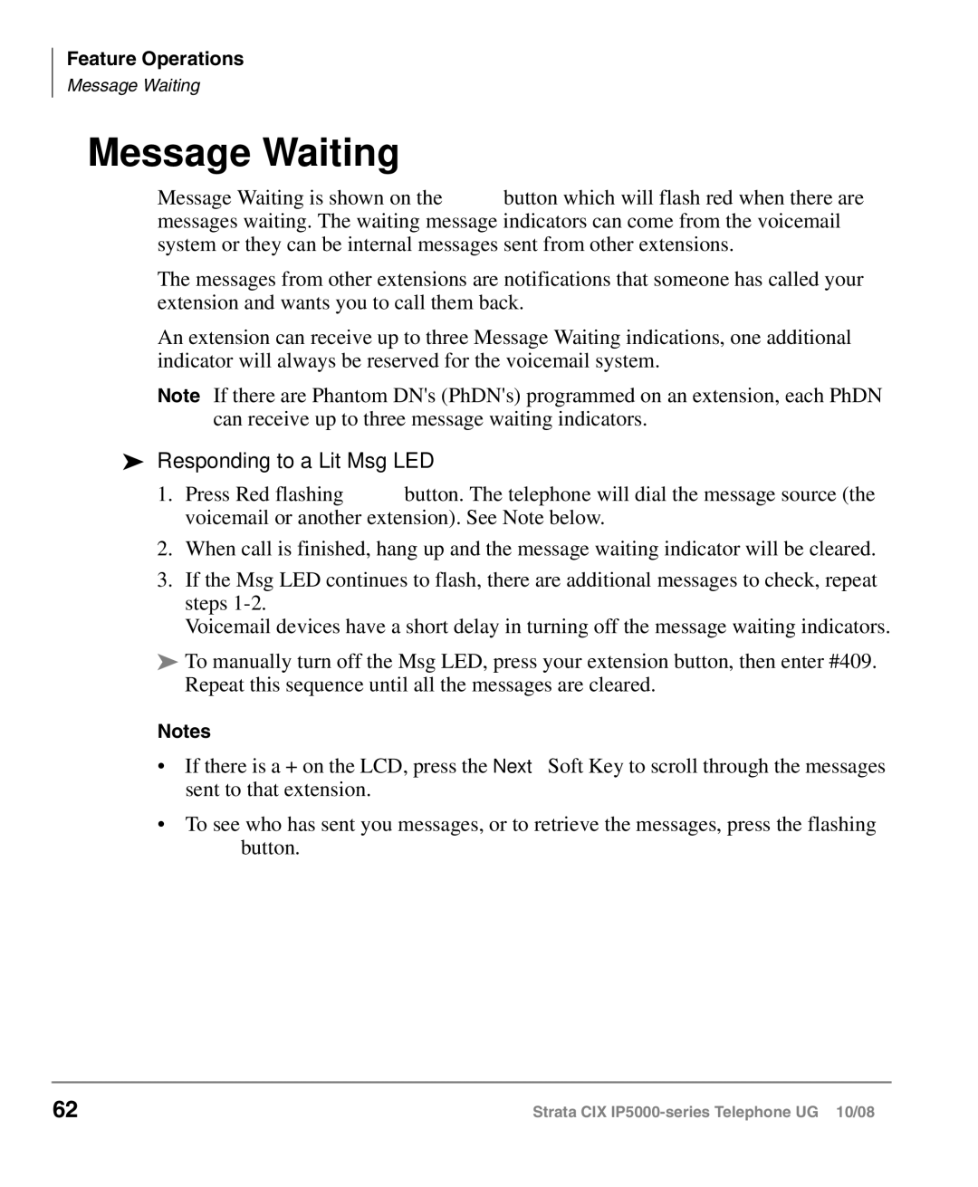 Toshiba IP5000 manual Message Waiting, Responding to a Lit Msg LED 