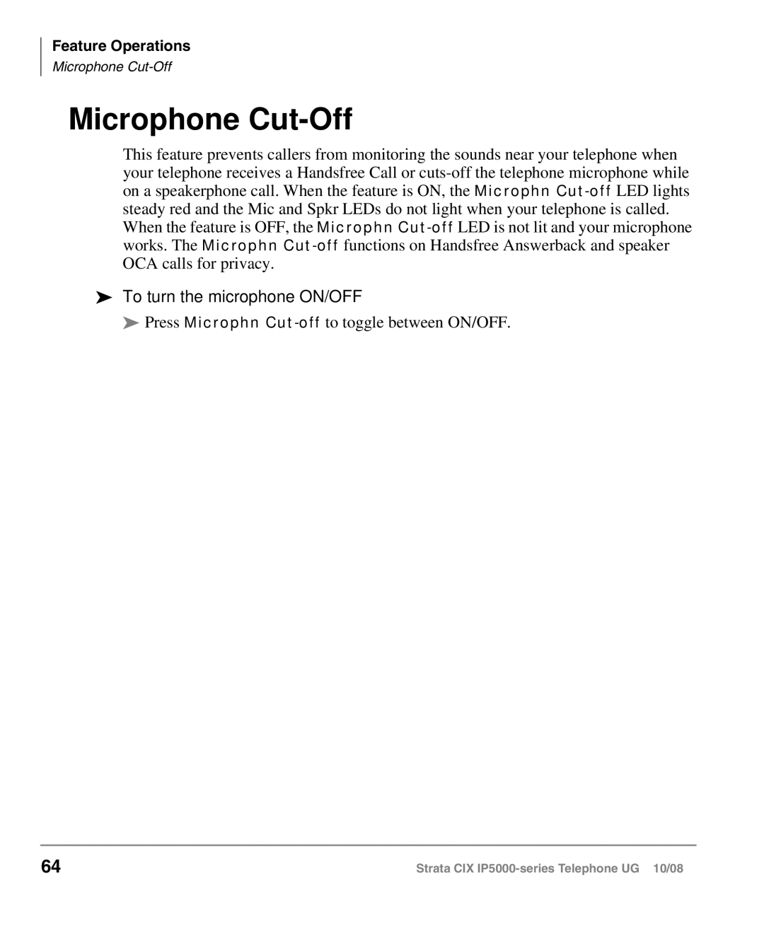 Toshiba IP5000 manual Microphone Cut-Off, To turn the microphone ON/OFF 