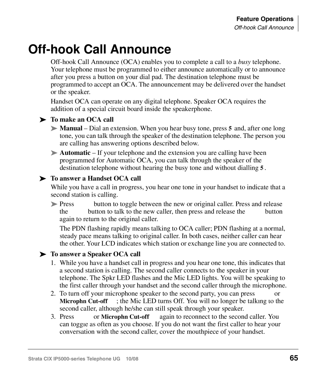 Toshiba IP5000 Off-hook Call Announce, To make an OCA call, To answer a Handset OCA call, To answer a Speaker OCA call 