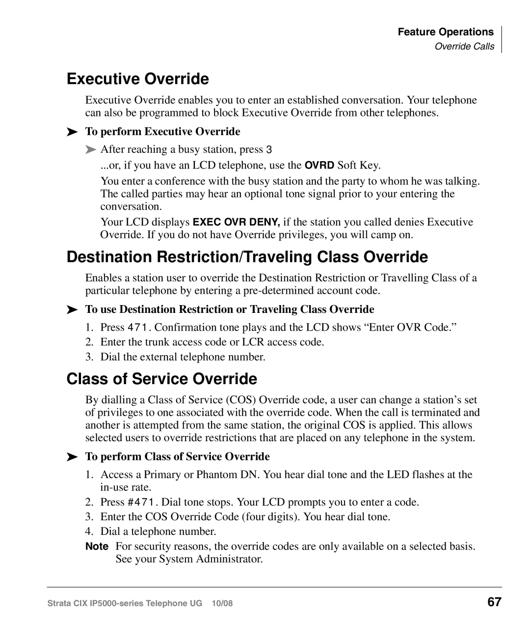 Toshiba IP5000 manual Executive Override, Destination Restriction/Traveling Class Override, Class of Service Override 