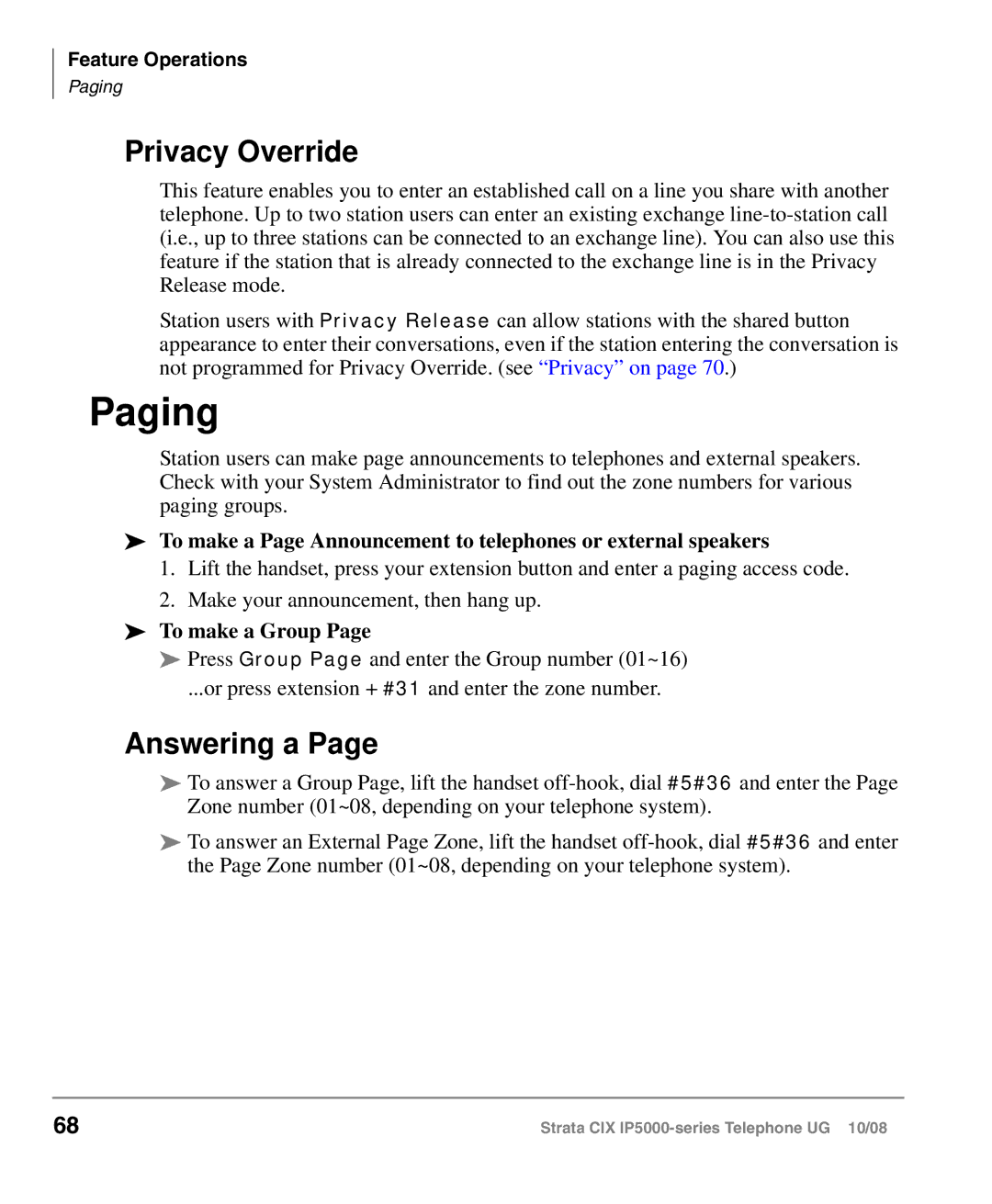 Toshiba IP5000 manual Paging, Privacy Override, Answering a, To make a Group 