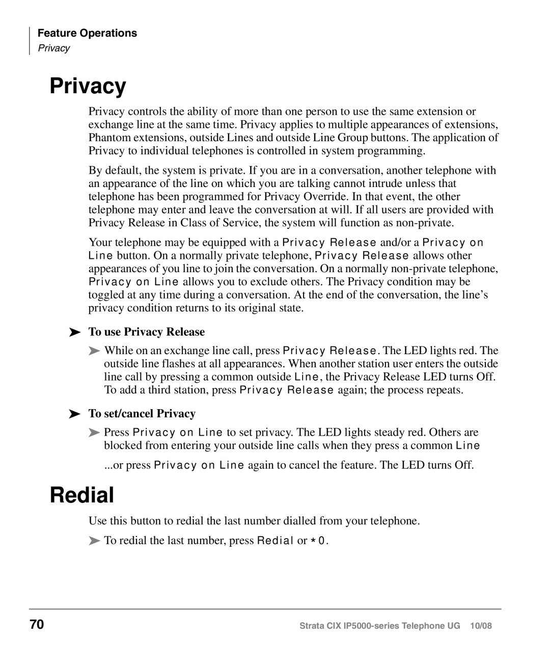 Toshiba IP5000 manual Redial, To use Privacy Release, To set/cancel Privacy 