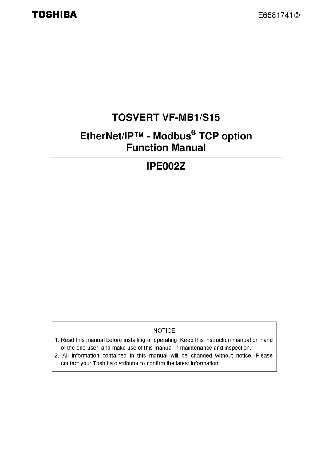 Toshiba IPE002Z instruction manual Tosvert VF-MB1/S15 