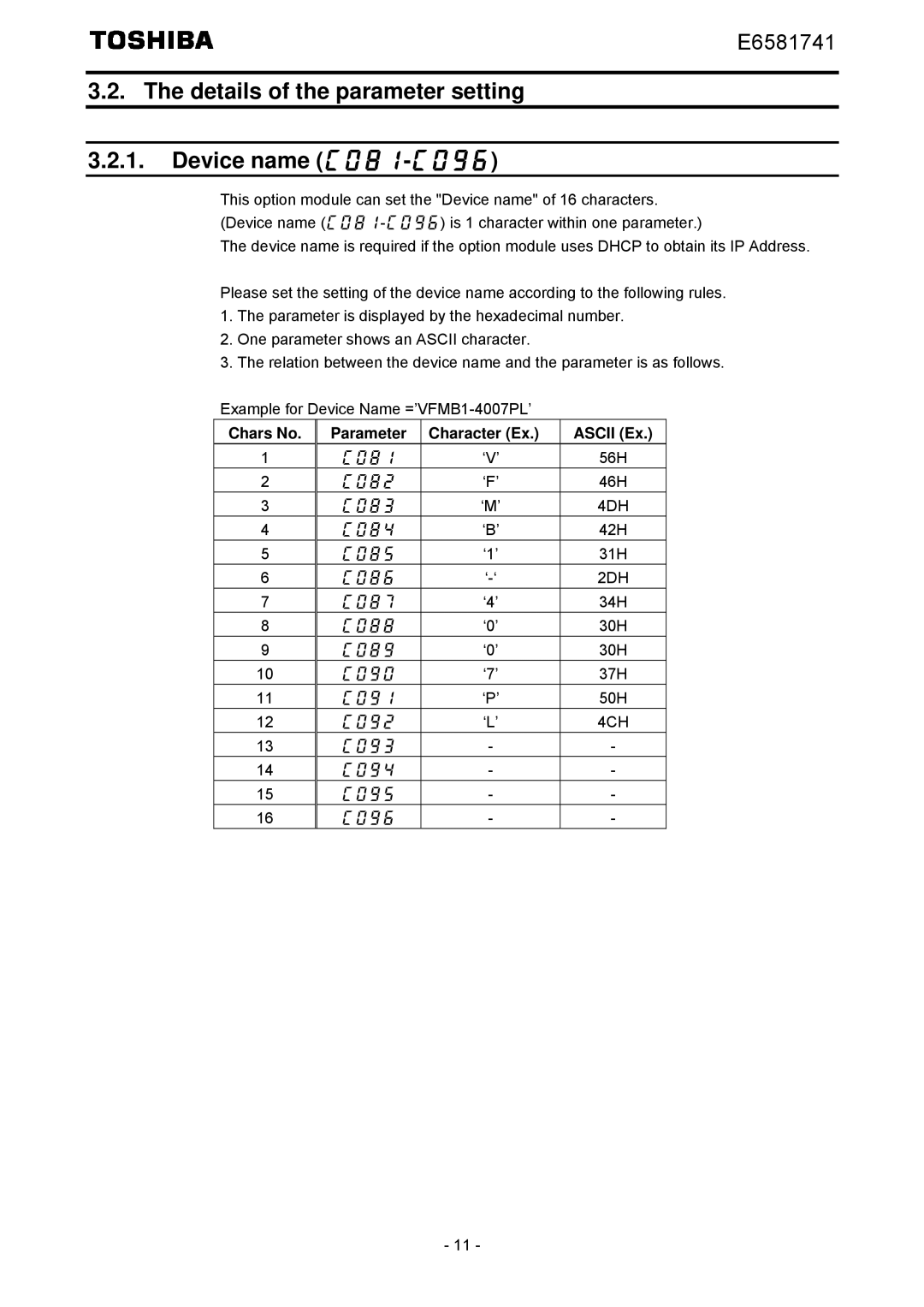 Toshiba IPE002Z Details of the parameter setting Device name c081-c096, Chars No Parameter Character Ex Ascii Ex 