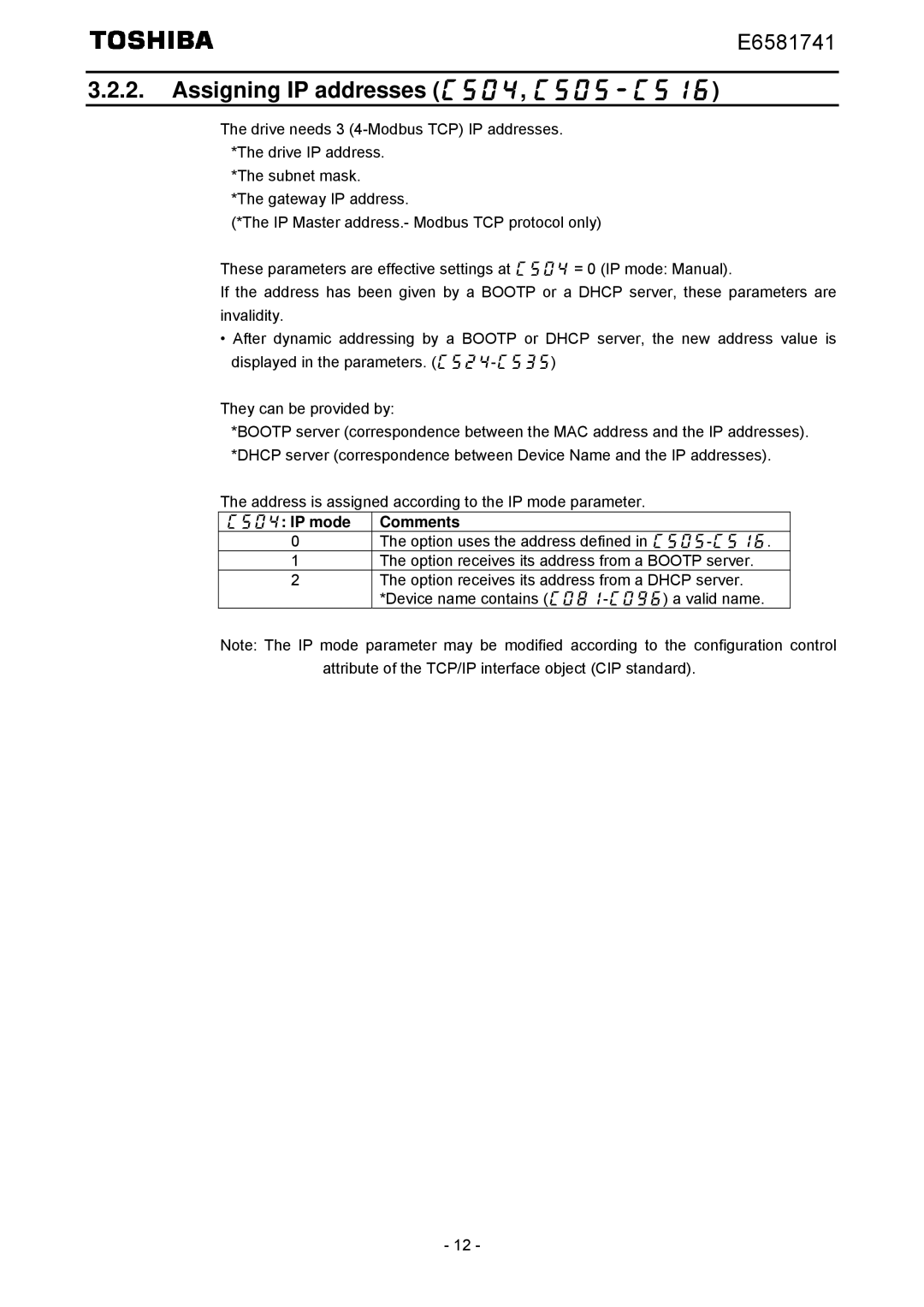 Toshiba IPE002Z instruction manual Assigning IP addresses c504, c505-c516, C504 IP mode Comments 