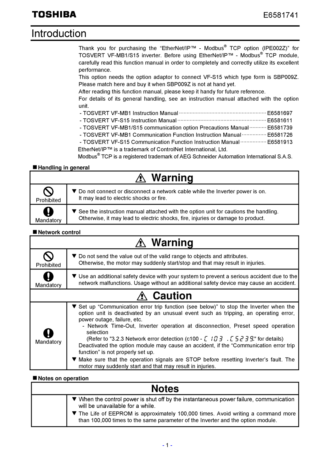 Toshiba IPE002Z instruction manual Introduction, Handling in general, Network control 