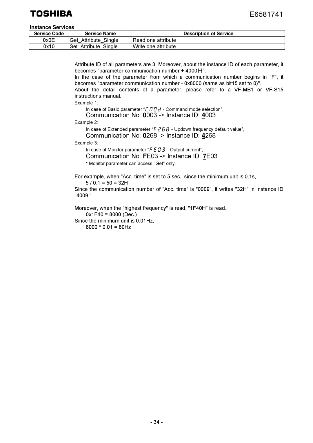 Toshiba IPE002Z instruction manual Communication No 0003 Instance ID 