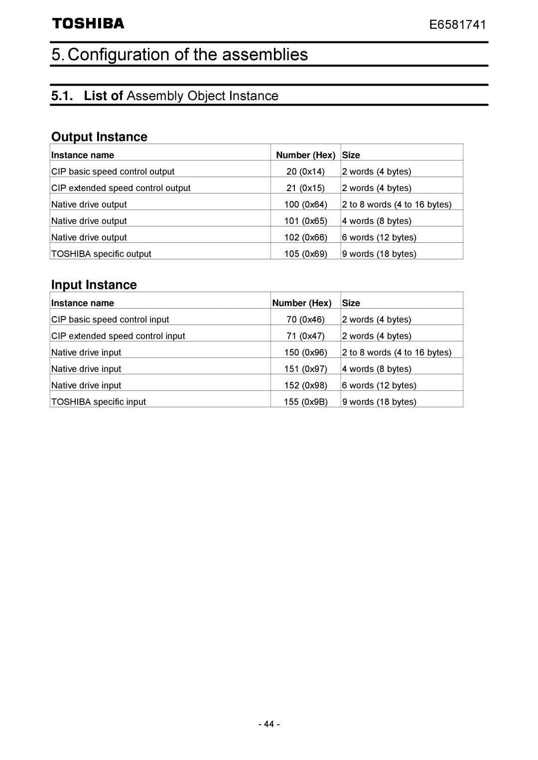 Toshiba IPE002Z Configuration of the assemblies, Output Instance, Input Instance, Instance name Number Hex Size 