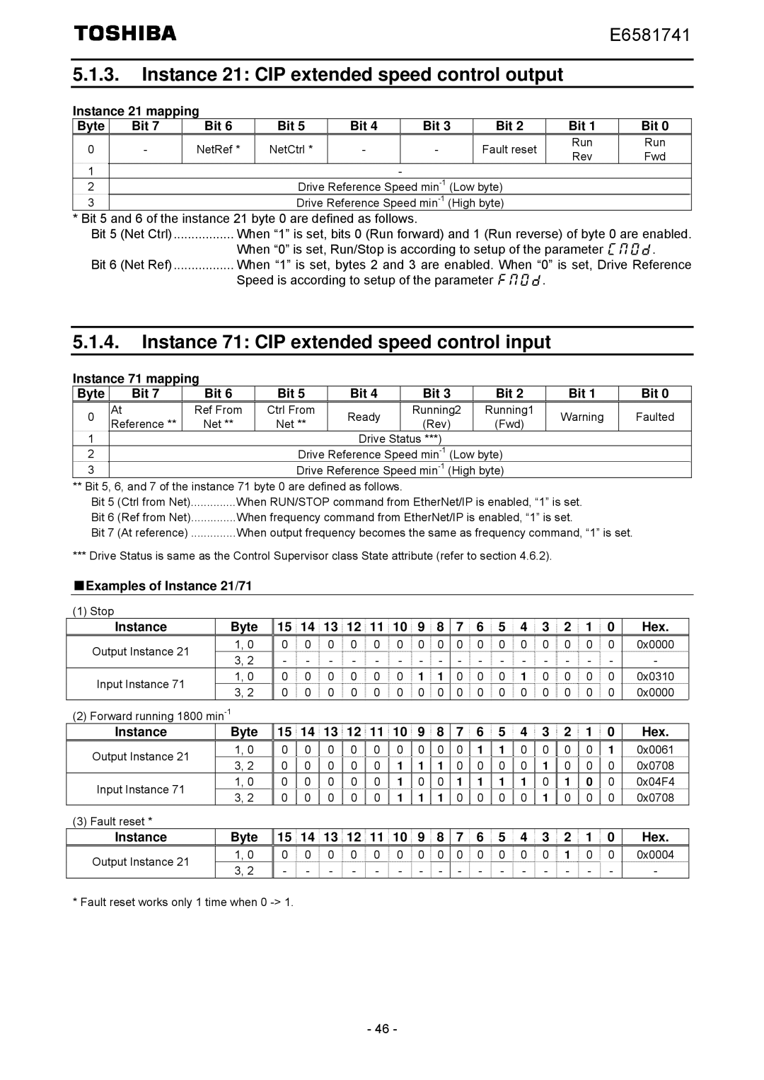 Toshiba IPE002Z Instance 21 CIP extended speed control output, Instance 71 CIP extended speed control input 