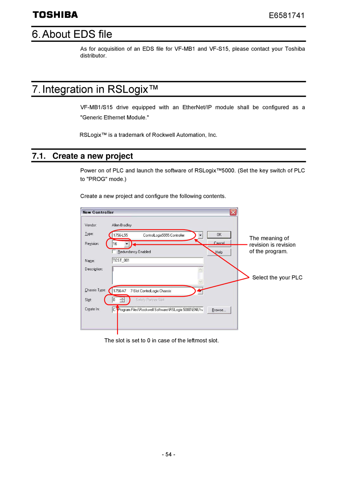 Toshiba IPE002Z instruction manual About EDS file, Integration in RSLogix, Create a new project 