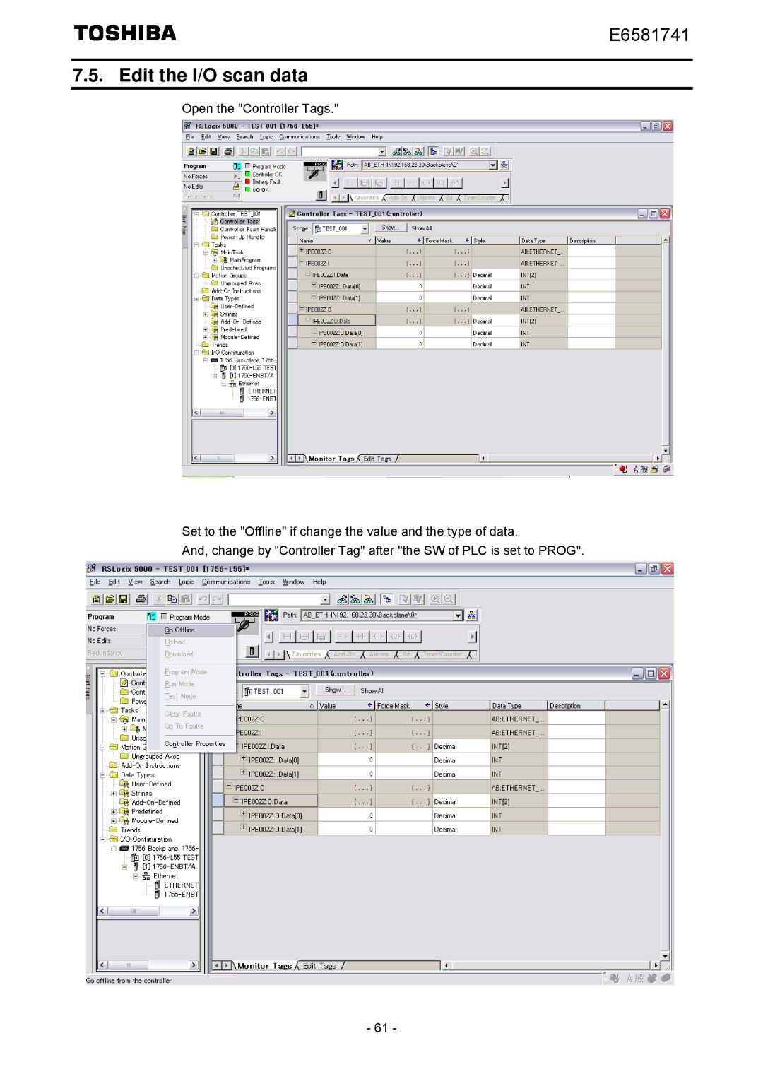 Toshiba IPE002Z instruction manual Edit the I/O scan data 