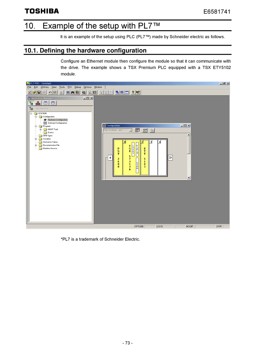 Toshiba IPE002Z instruction manual Example of the setup with PL7, Defining the hardware configuration 