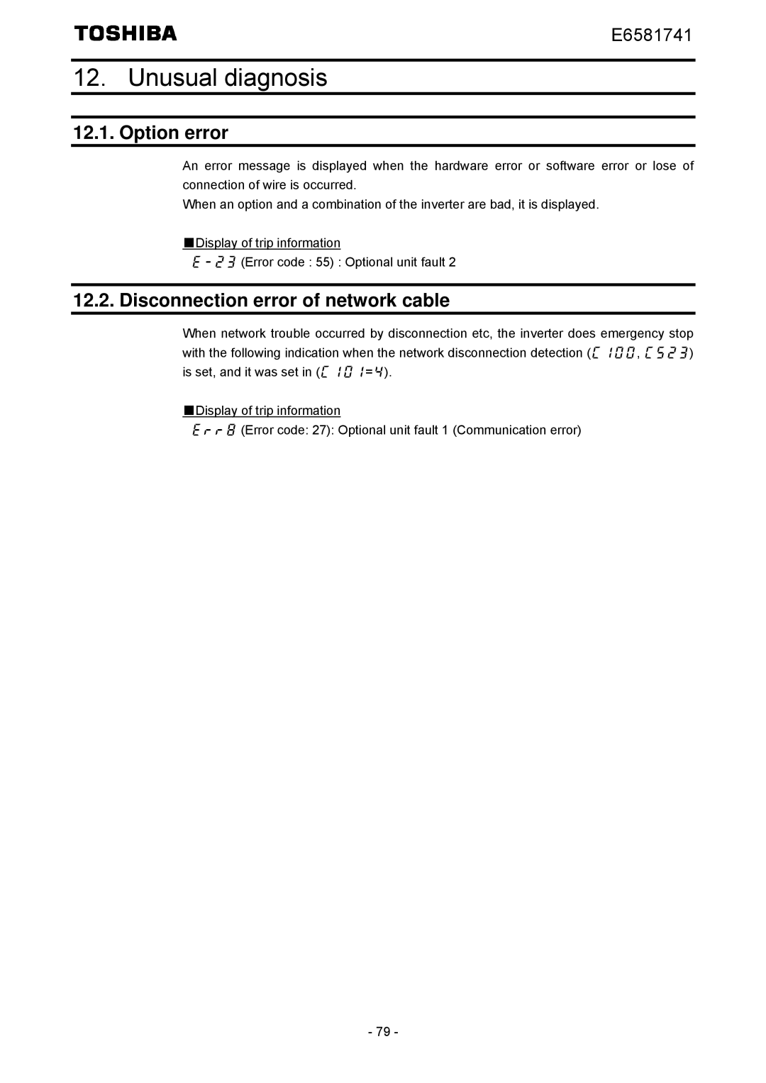 Toshiba IPE002Z instruction manual Unusual diagnosis, Option error, Disconnection error of network cable 