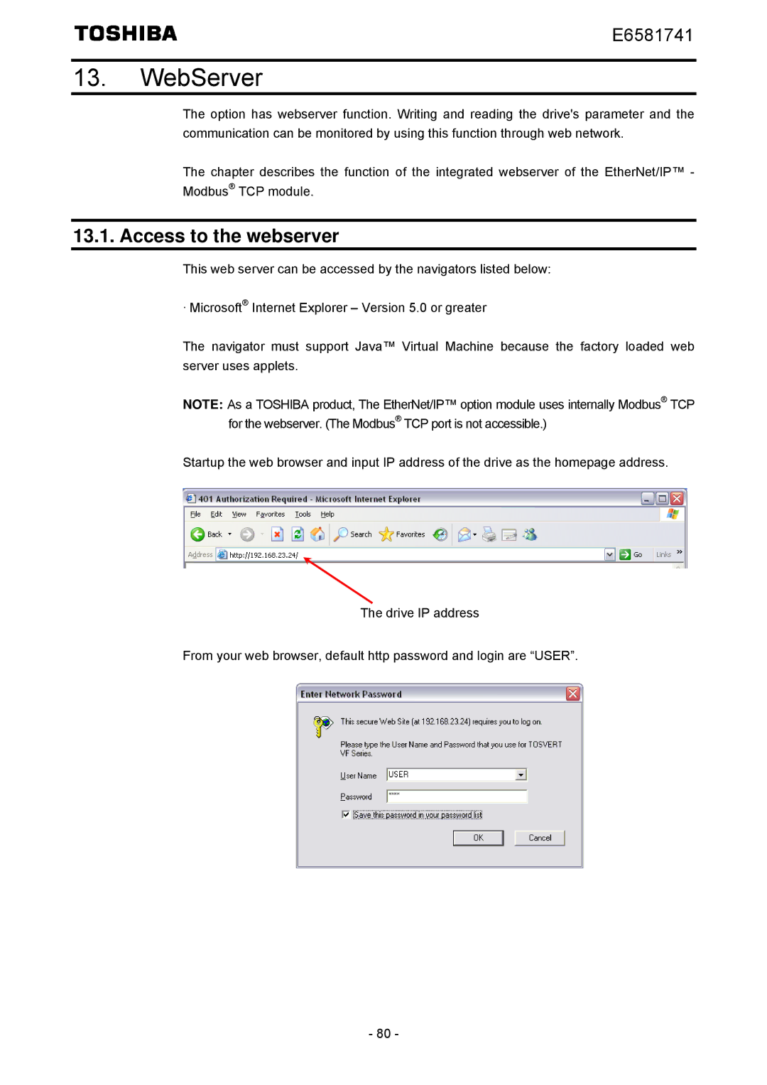 Toshiba IPE002Z instruction manual WebServer, Access to the webserver 