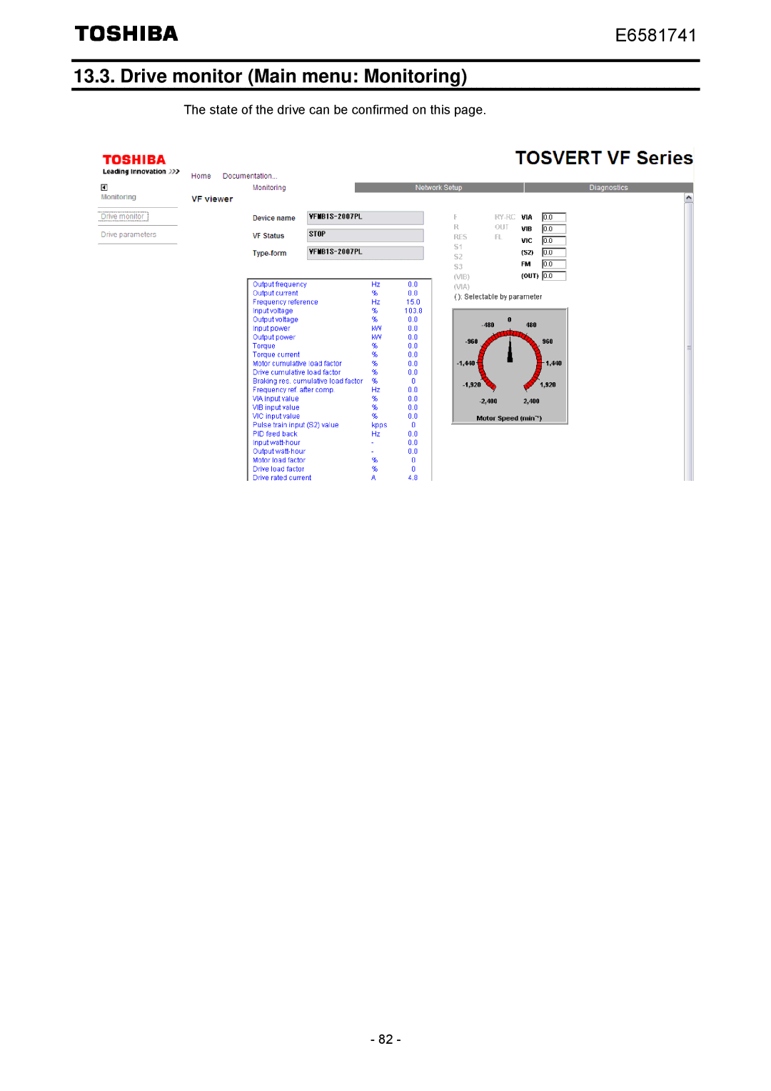 Toshiba IPE002Z instruction manual Drive monitor Main menu Monitoring, State of the drive can be confirmed on this 