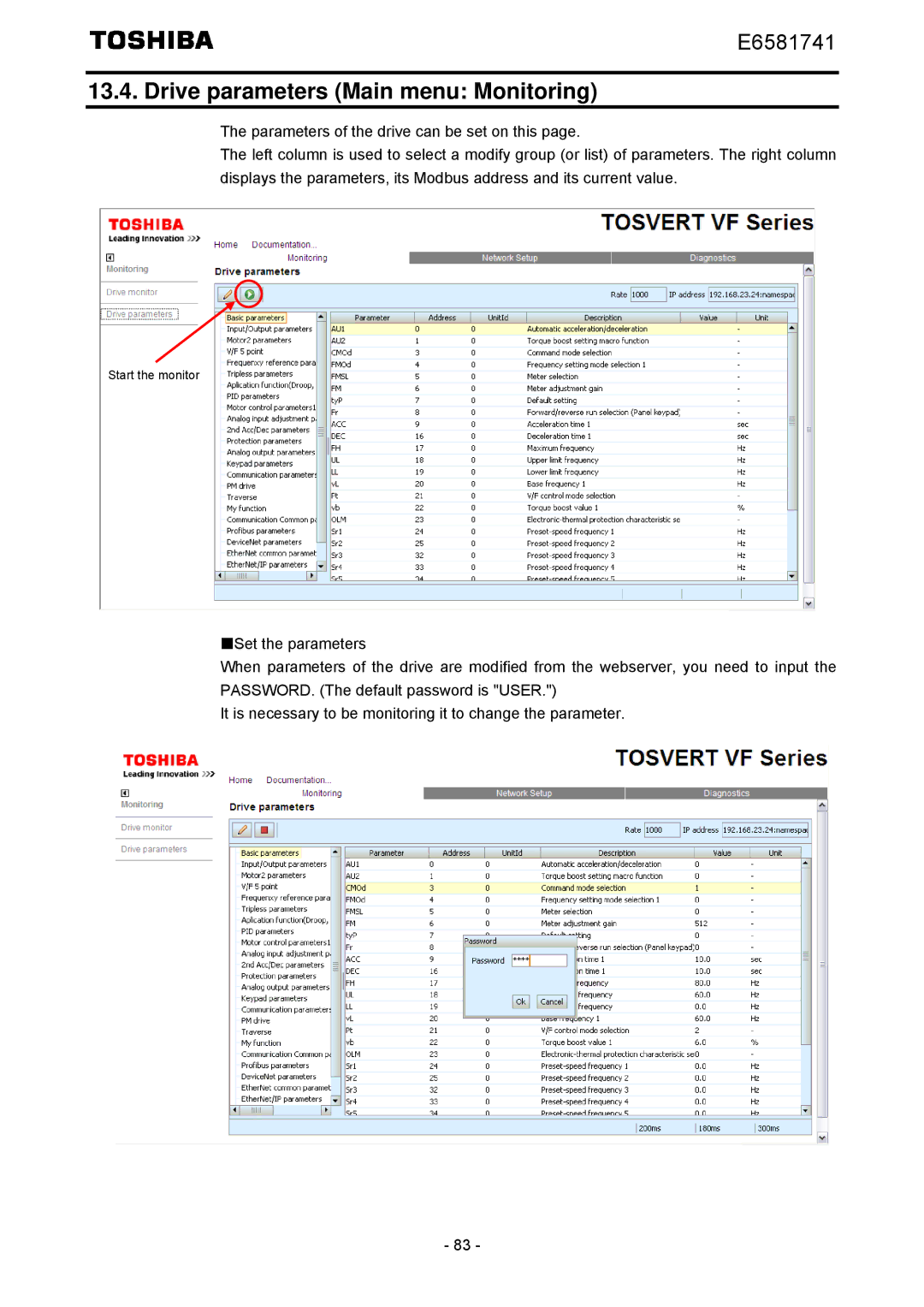 Toshiba IPE002Z instruction manual Drive parameters Main menu Monitoring 