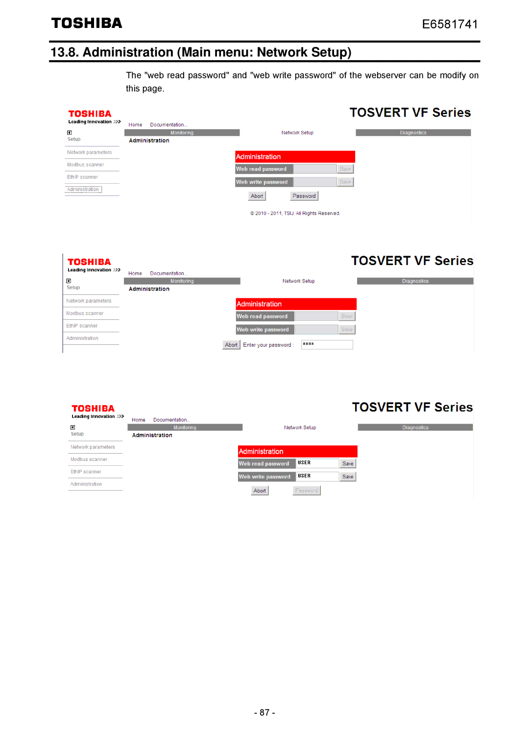 Toshiba IPE002Z instruction manual Administration Main menu Network Setup 