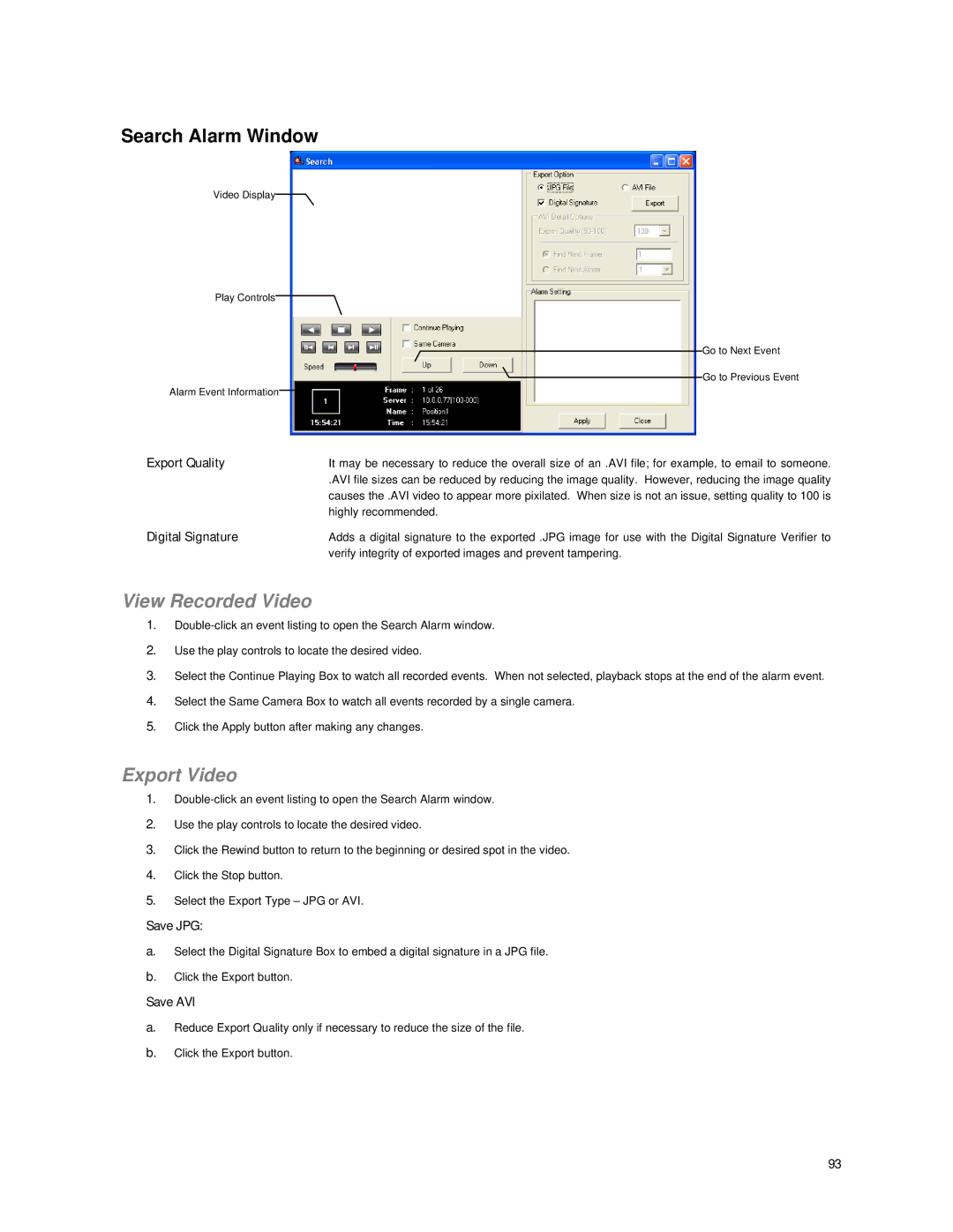 Toshiba IPR16-X, IPR8-X, IPR Network Video Recorder user manual Search Alarm Window, View Recorded Video, Export Video 