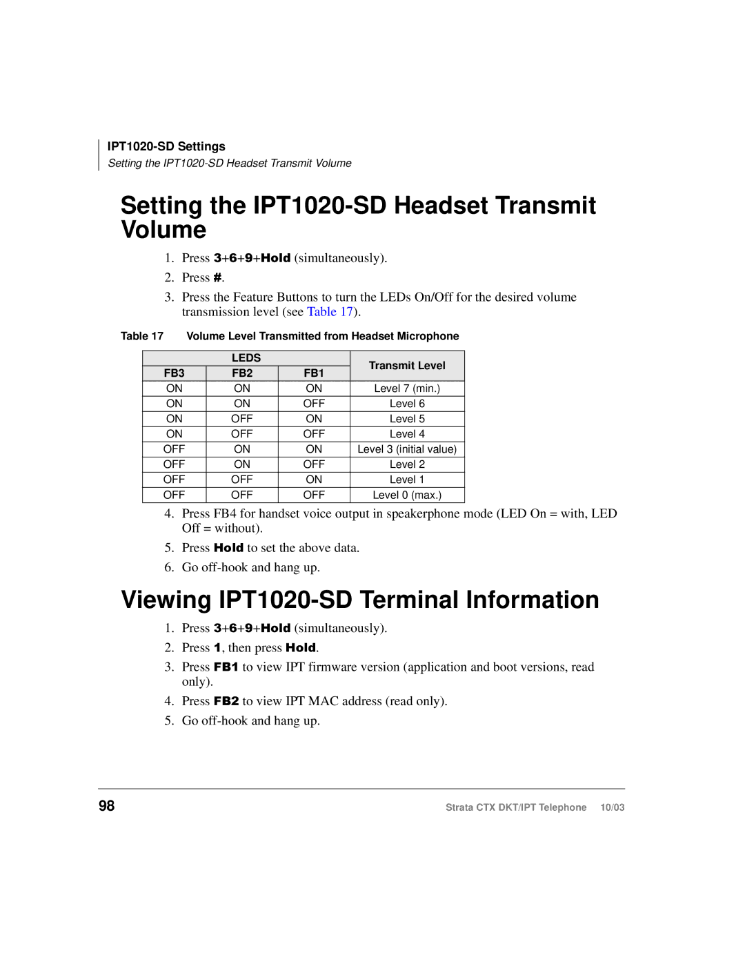 Toshiba DKT manual Setting the IPT1020-SD Headset Transmit Volume, Viewing IPT1020-SD Terminal Information 