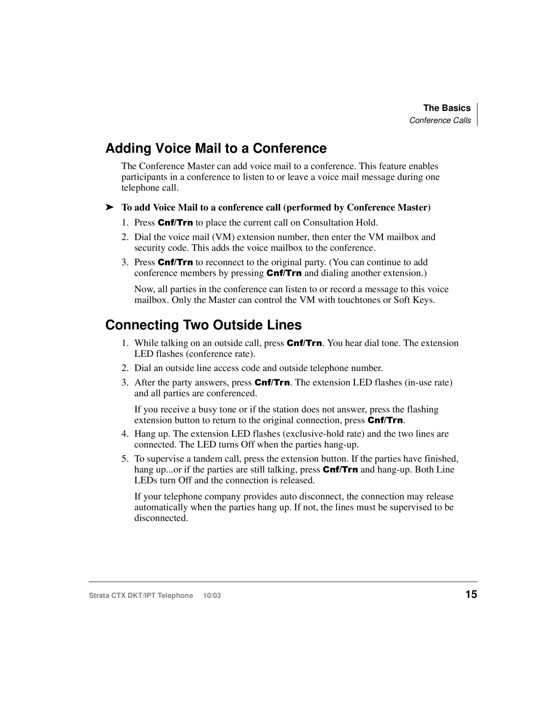 Toshiba DKT, IPT manual Adding Voice Mail to a Conference, Connecting Two Outside Lines 