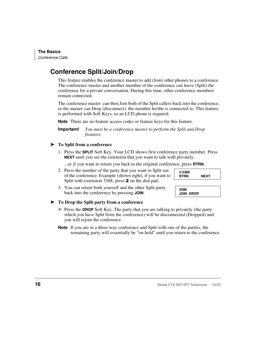 Toshiba IPT, DKT manual Conference Split/Join/Drop, To Split from a conference, To Drop the Split party from a conference 