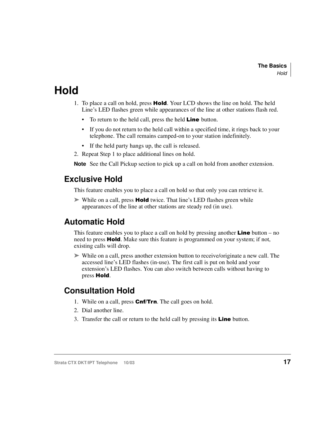 Toshiba DKT, IPT manual Exclusive Hold, Automatic Hold, Consultation Hold 