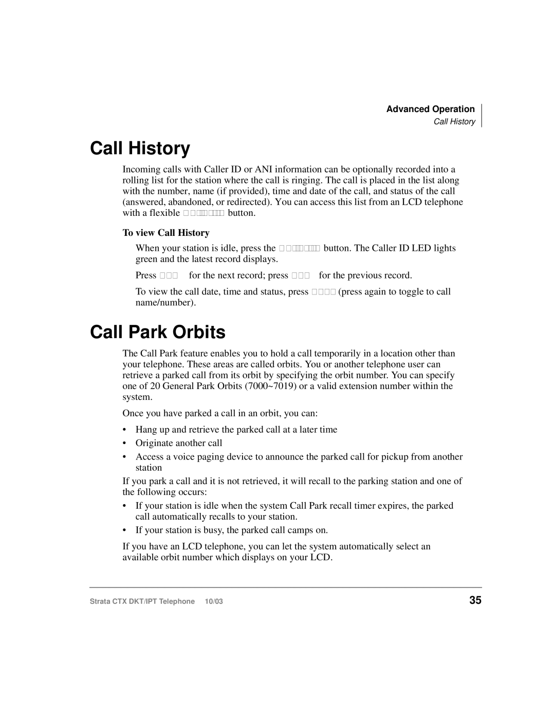 Toshiba DKT, IPT manual Call Park Orbits, To view Call History 