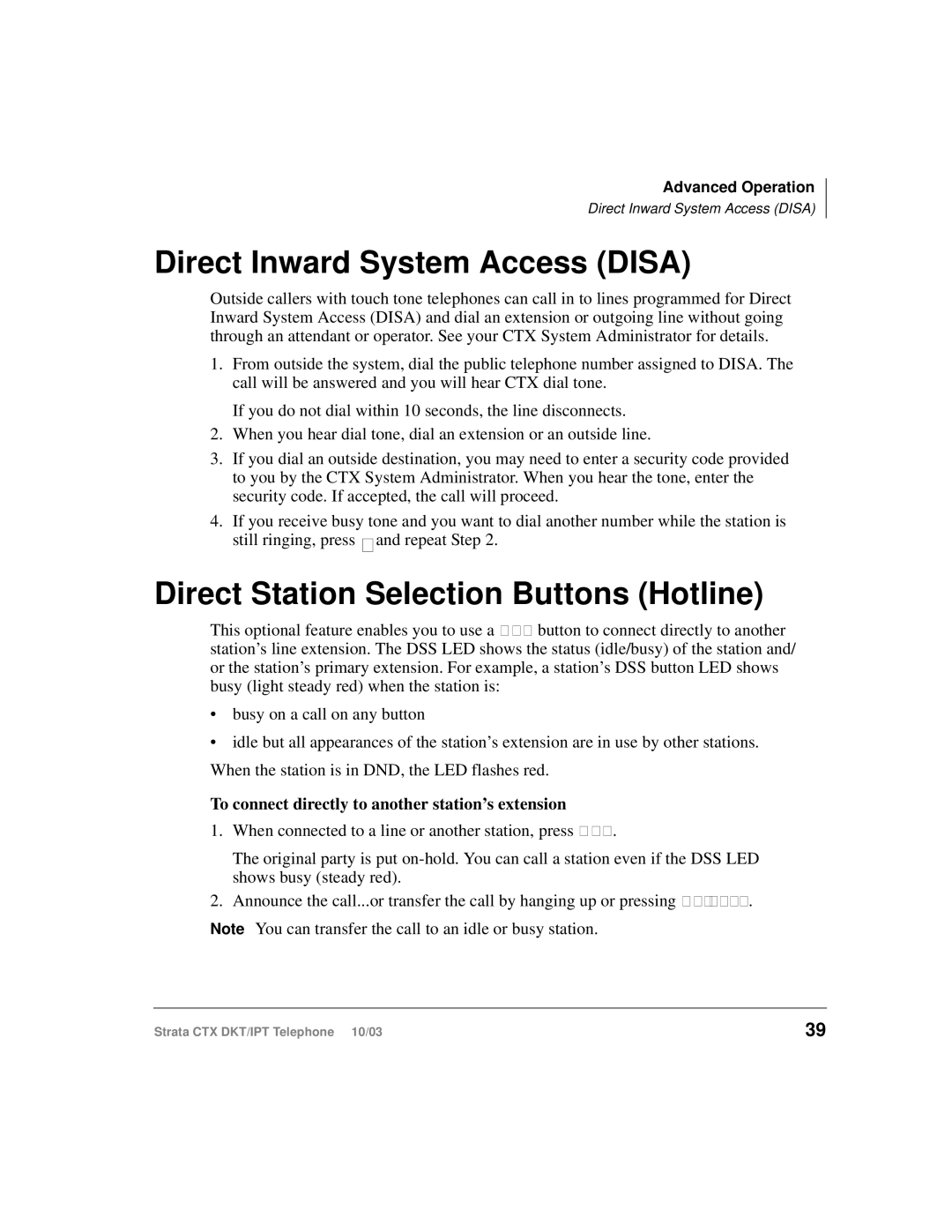 Toshiba DKT, IPT manual Direct Inward System Access Disa, Direct Station Selection Buttons Hotline 