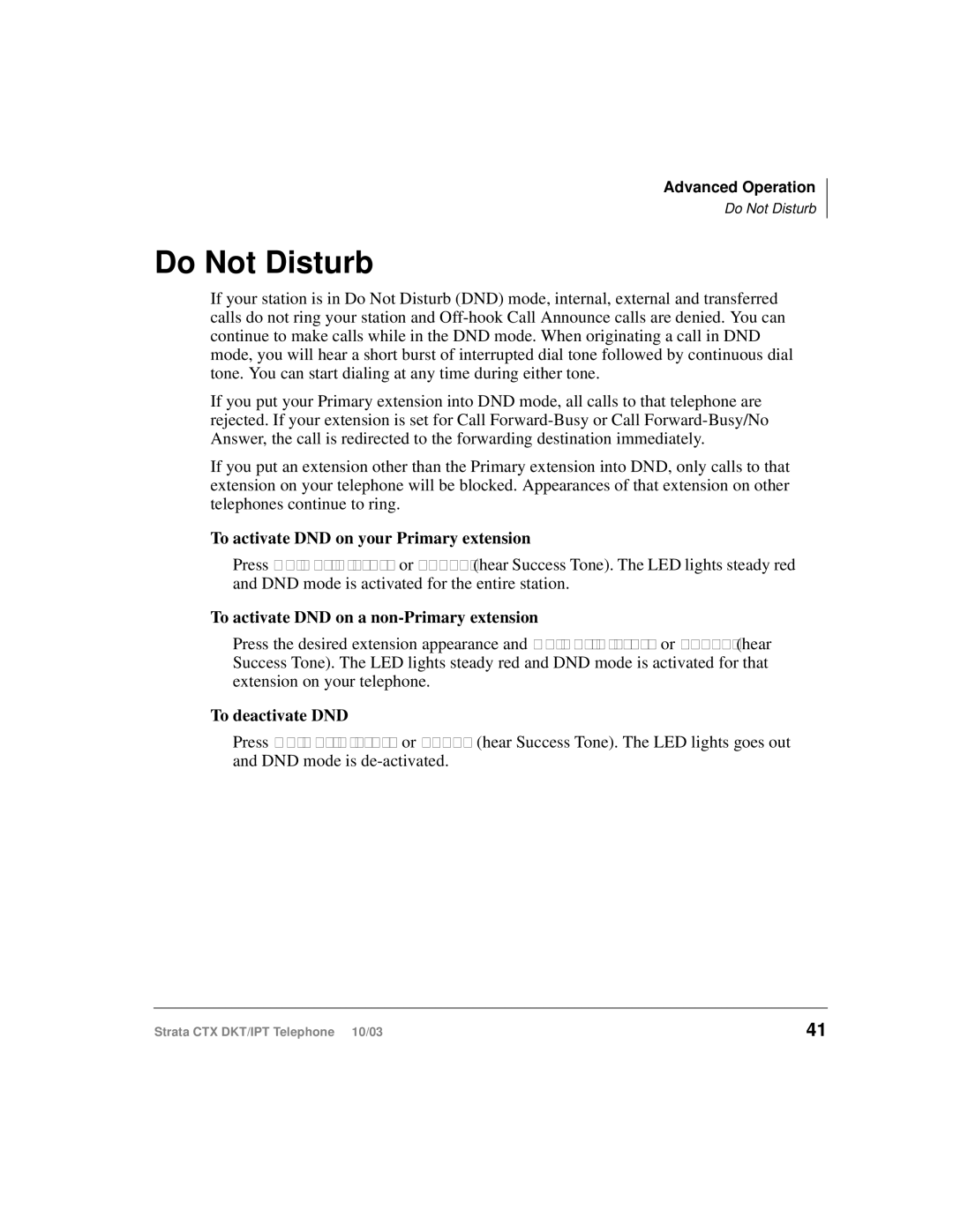 Toshiba DKT, IPT Do Not Disturb, To activate DND on your Primary extension, To activate DND on a non-Primary extension 