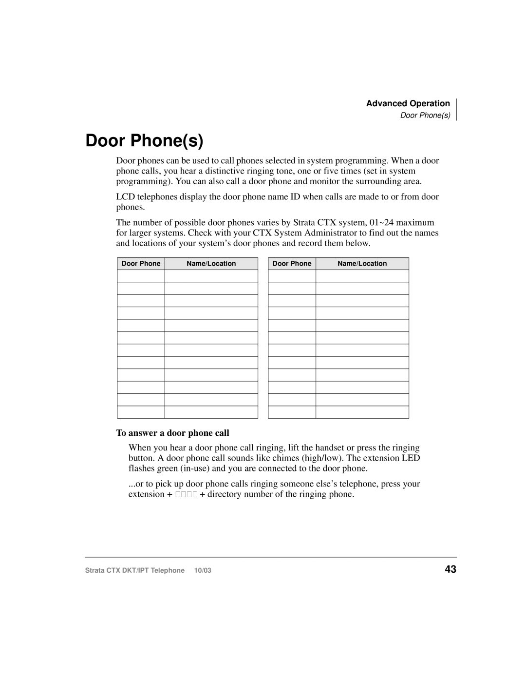 Toshiba DKT, IPT manual Door Phones, To answer a door phone call 