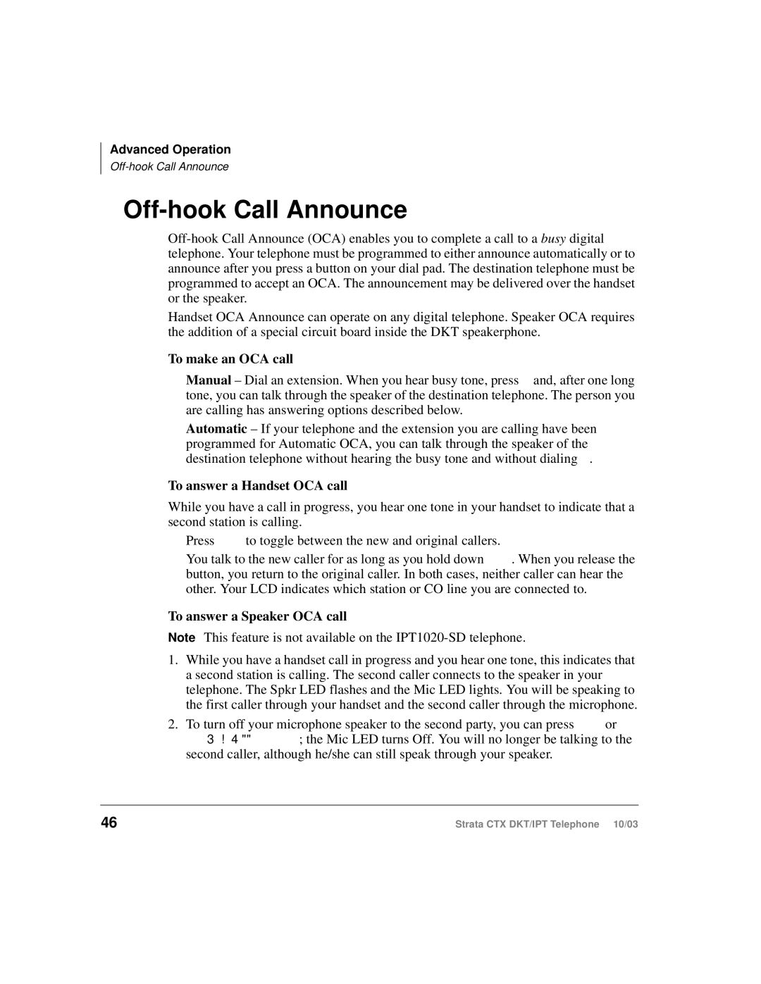 Toshiba IPT, DKT Off-hook Call Announce, To make an OCA call, To answer a Handset OCA call, To answer a Speaker OCA call 