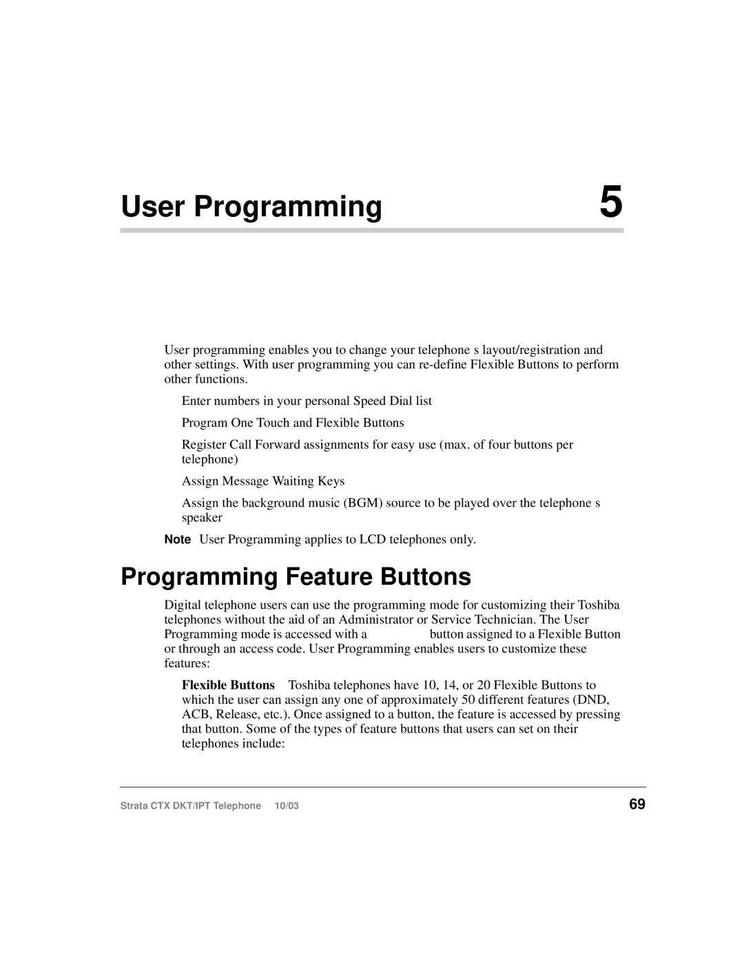 Toshiba DKT, IPT manual User Programming, Programming Feature Buttons 