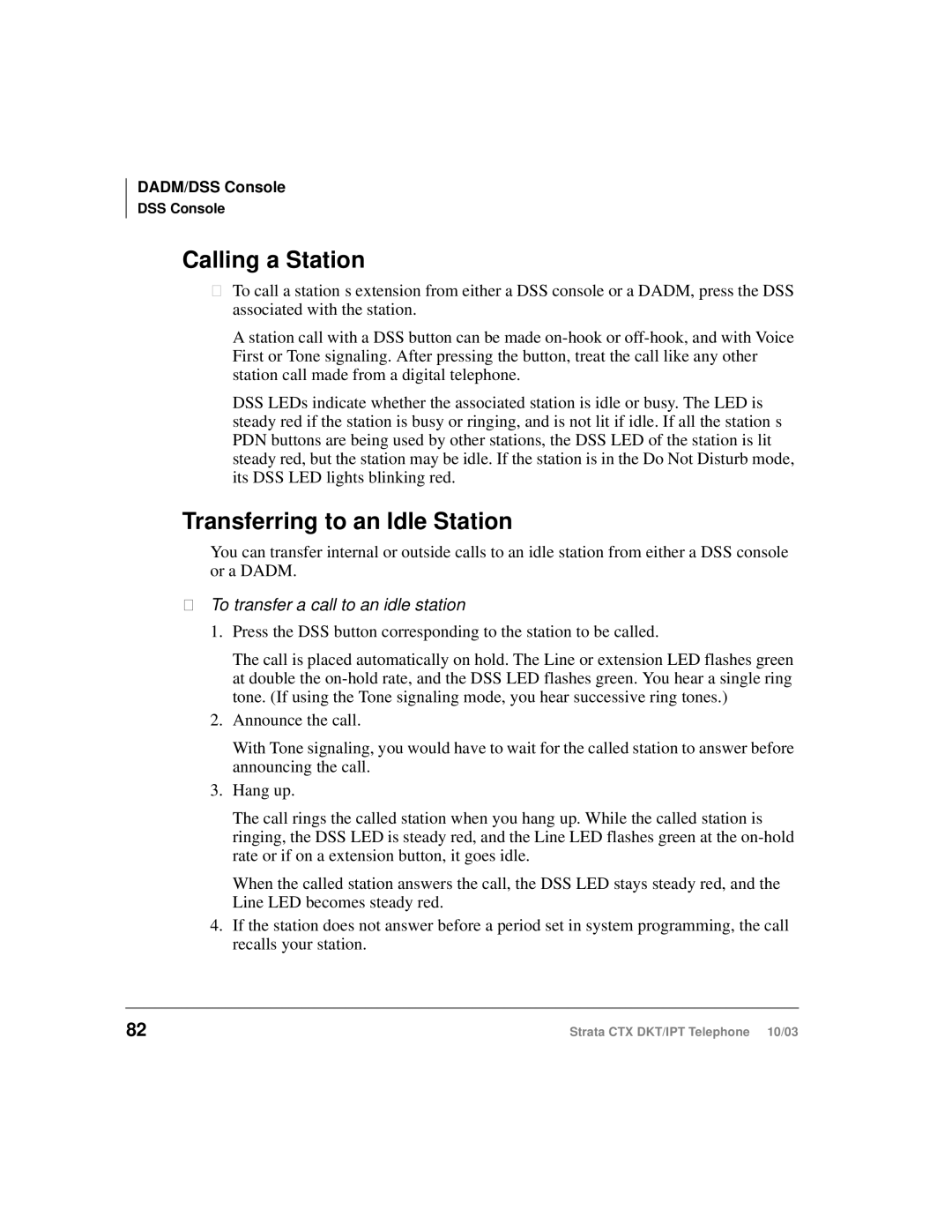 Toshiba IPT, DKT manual Calling a Station, Transferring to an Idle Station, To transfer a call to an idle station 