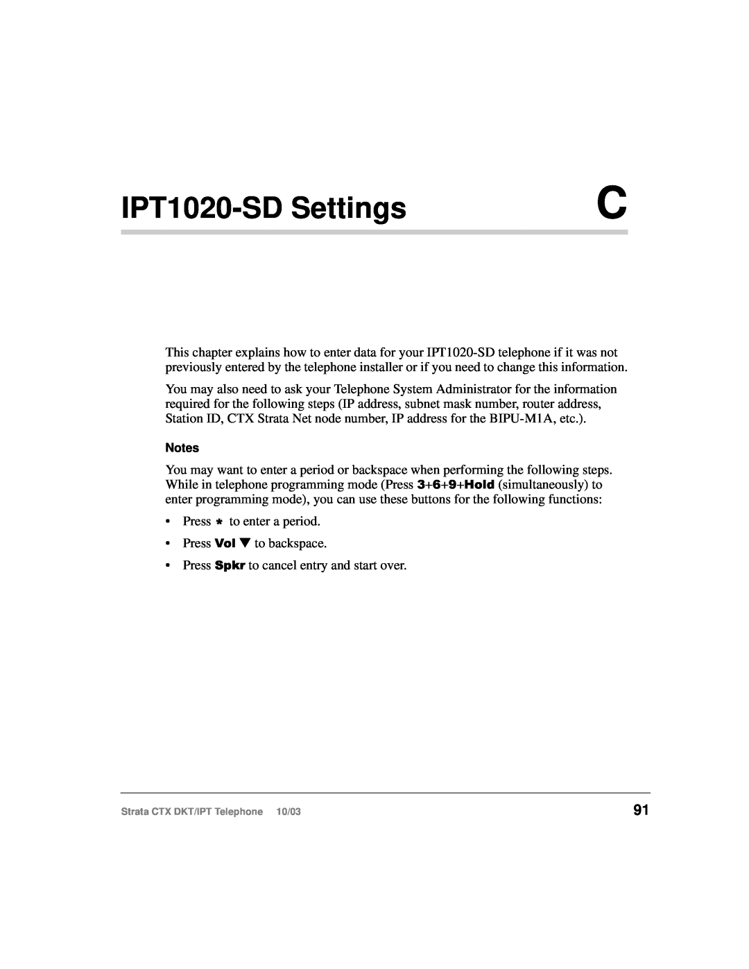 Toshiba DKT manual IPT1020-SD Settings 