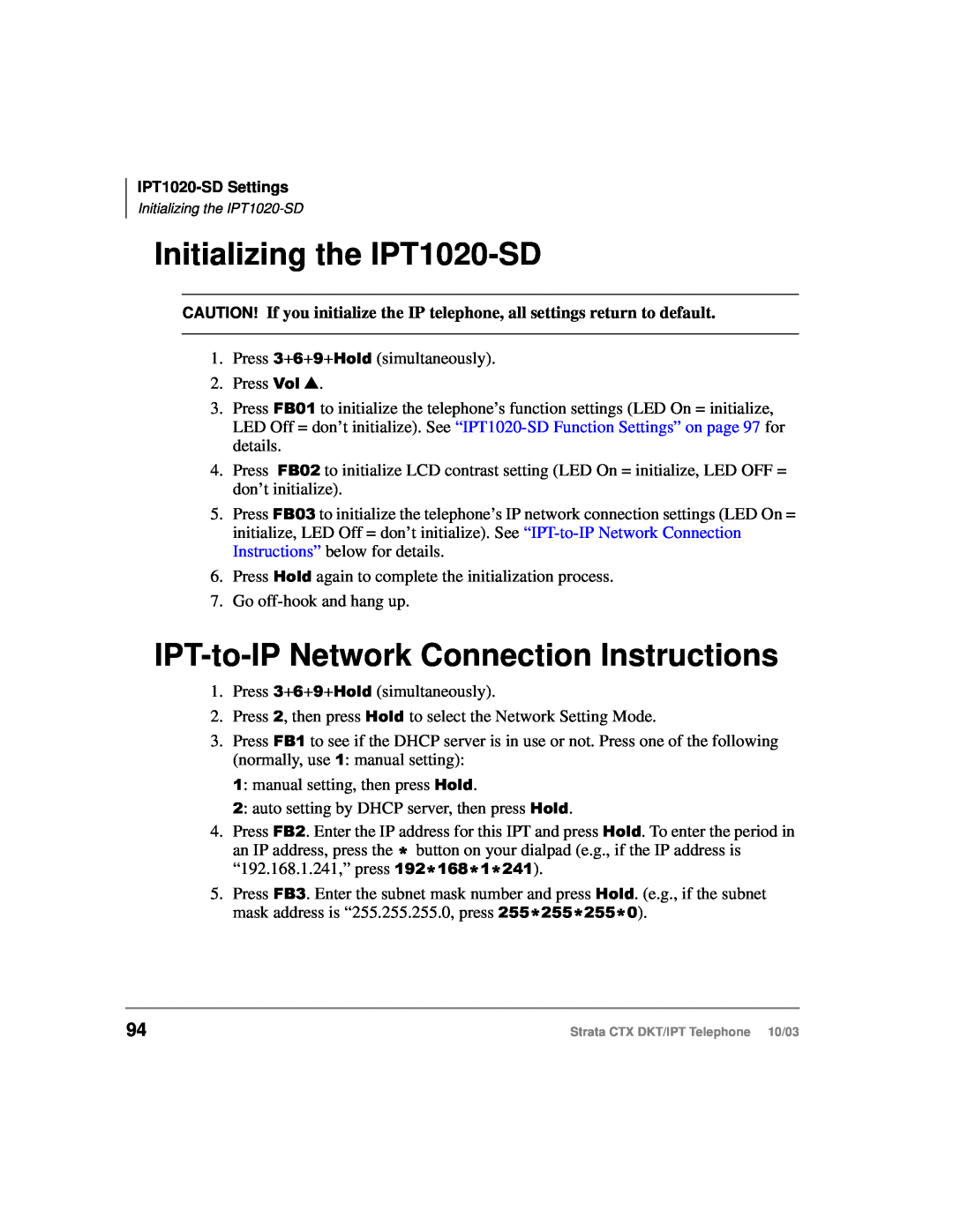 Toshiba DKT manual Initializing the IPT1020-SD, IPT-to-IP Network Connection Instructions 