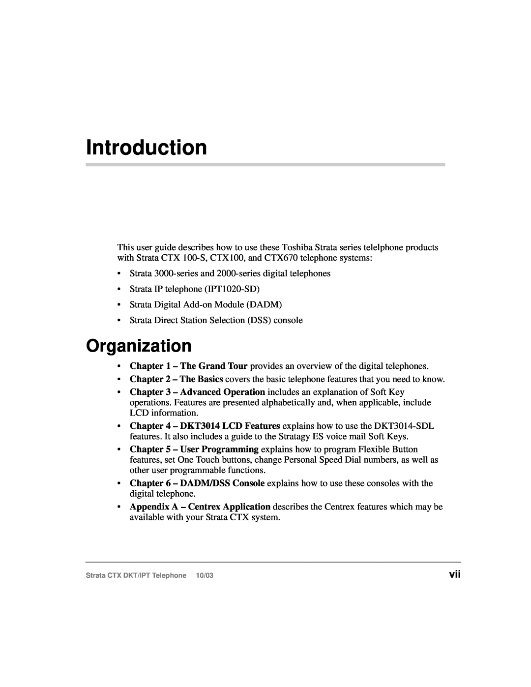 Toshiba DKT, IPT manual Introduction, Organization 