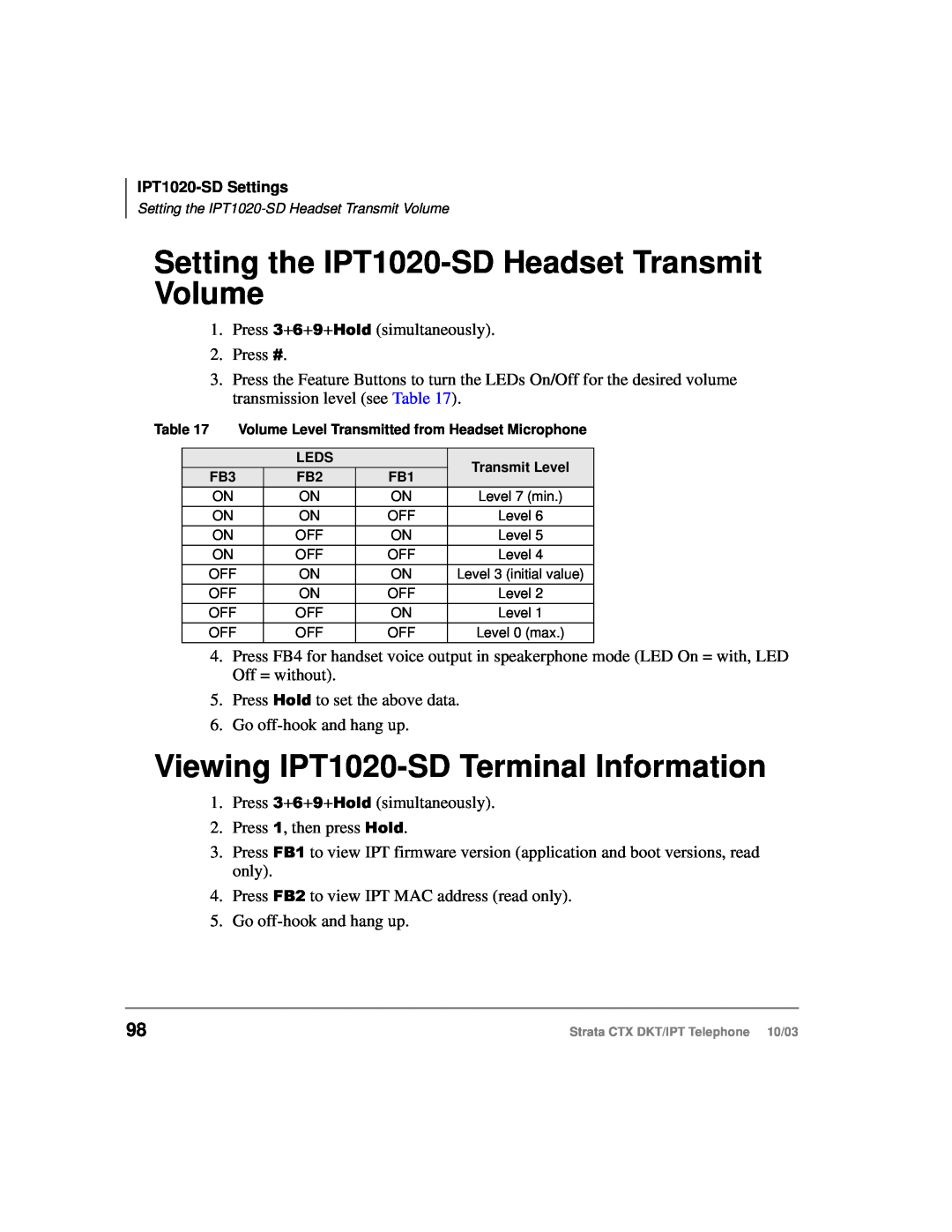 Toshiba DKT manual Setting the IPT1020-SD Headset Transmit Volume, Viewing IPT1020-SD Terminal Information 