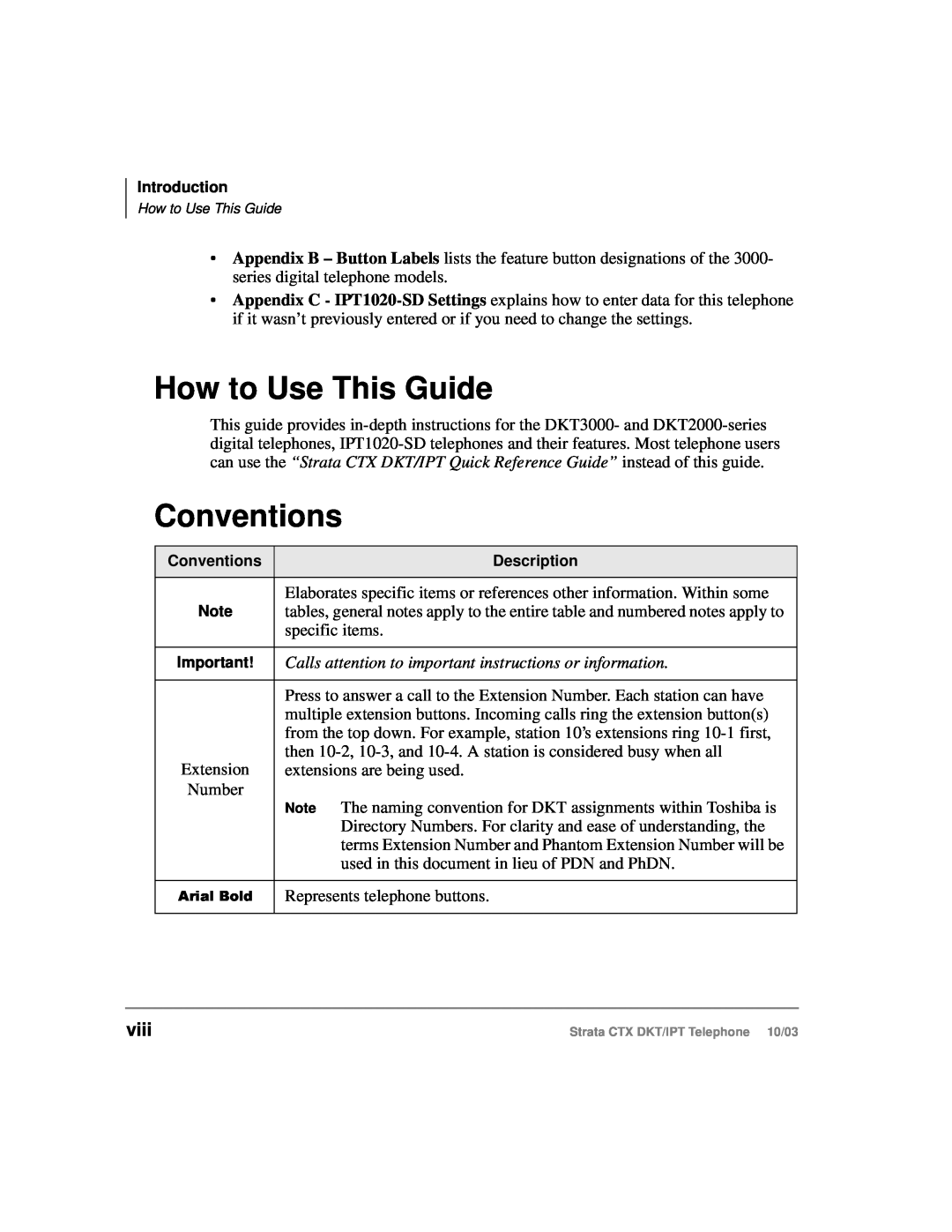 Toshiba IPT, DKT manual How to Use This Guide, Conventions, viii, Calls attention to important instructions or information 