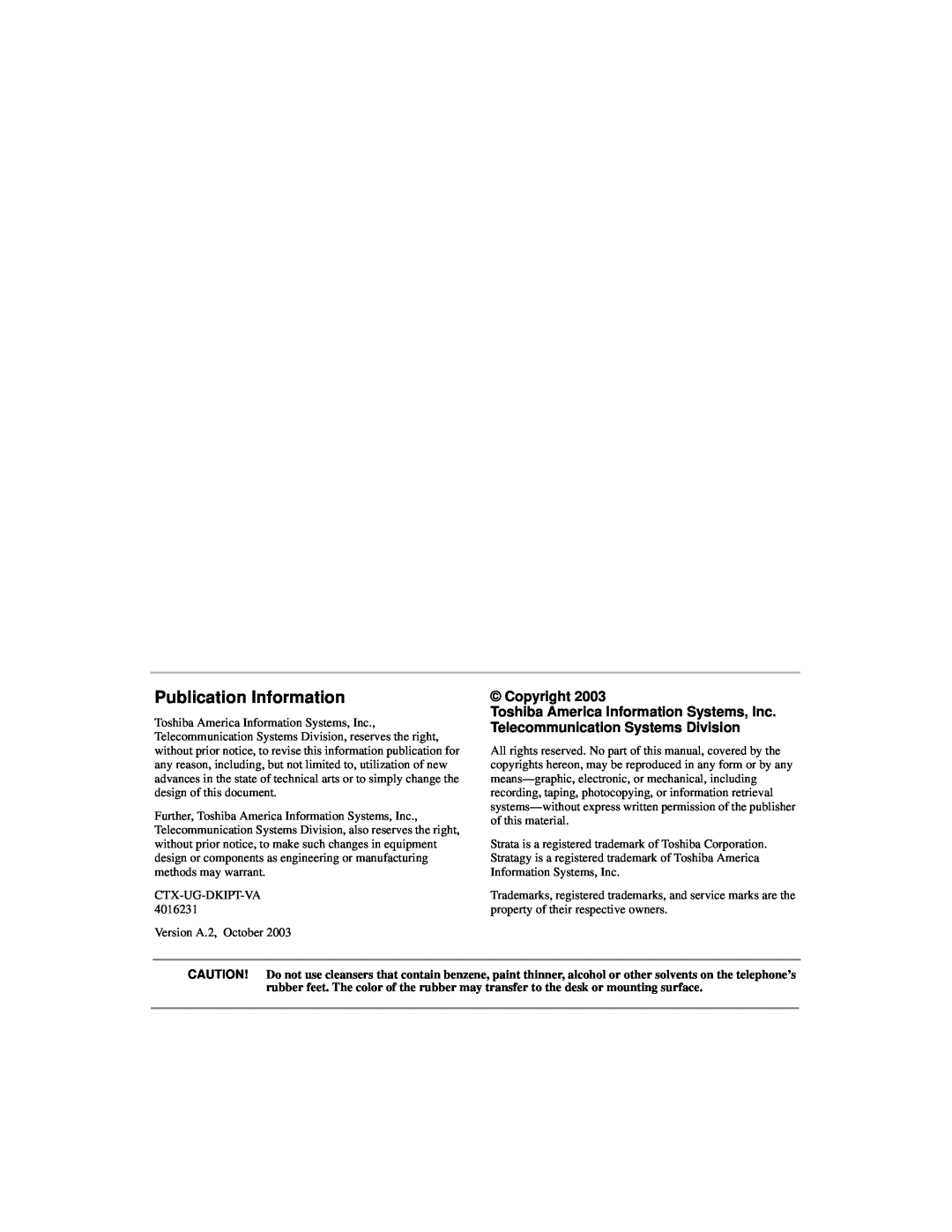 Toshiba IPT, DKT manual Publication Information, Copyright Toshiba America Information Systems, Inc 